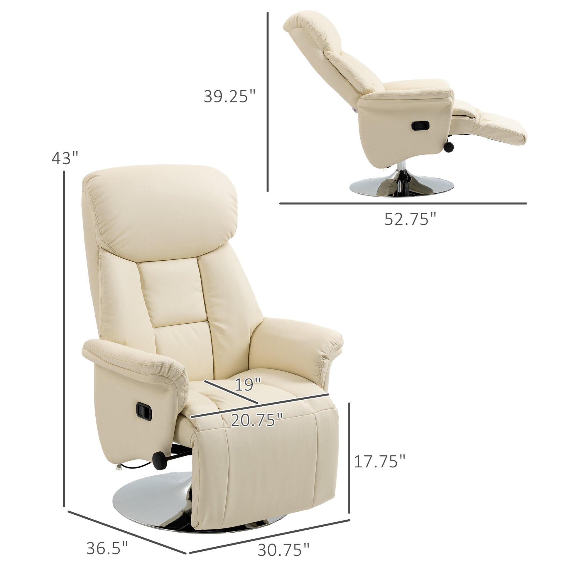 Manual Recliner Chair For Adults, Adjustable Swivel Recliner With Footrest, Padded Arms, Pu Leather Upholstery And Steel Base For Living Room, Cream White Cream White Pu Leather