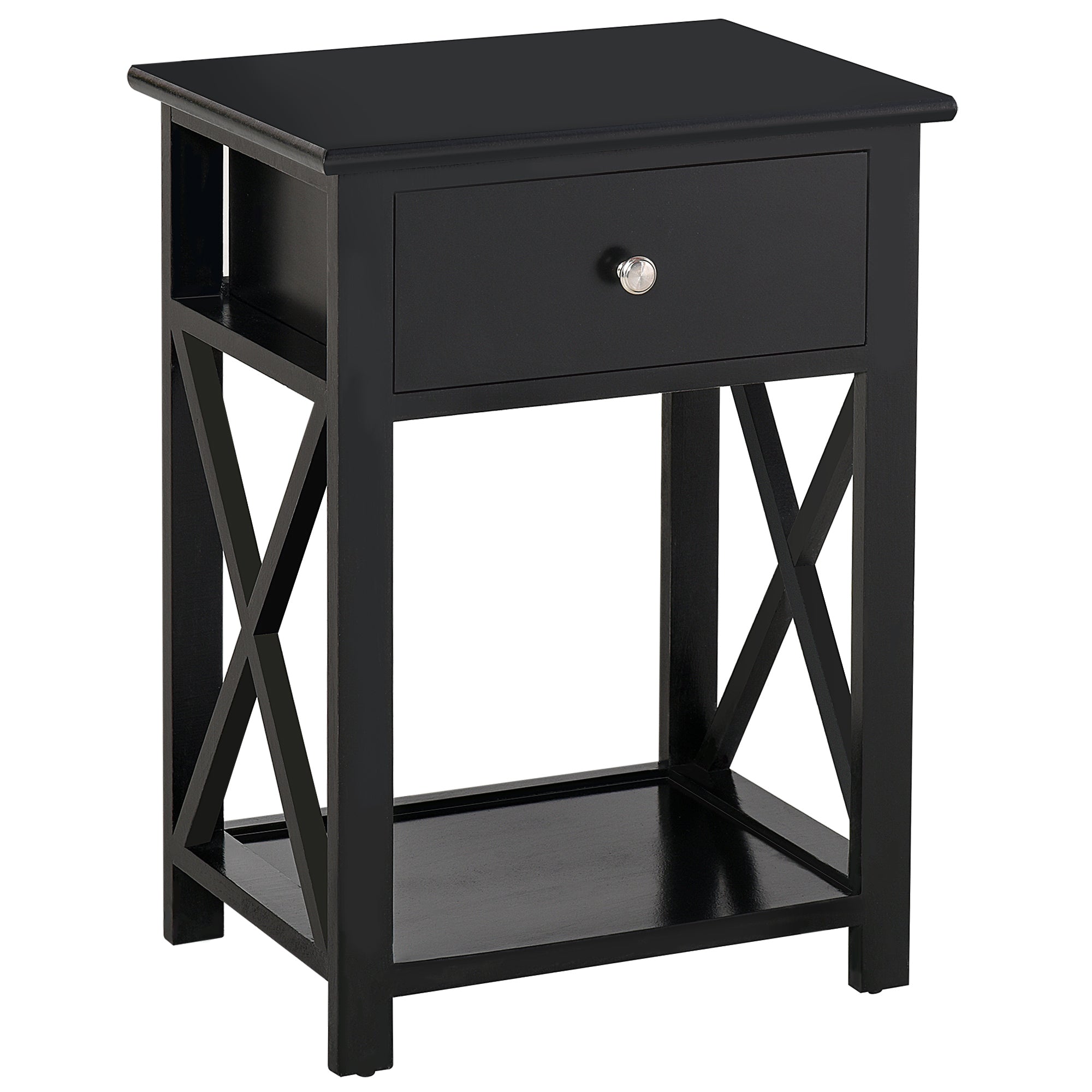 Side Table, Farmhouse End Table With Storage Drawer, Open Shelf And X Frame, Bedside Table For Living Room, Black Black Engineered Wood