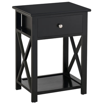 Side Table, Farmhouse End Table With Storage Drawer, Open Shelf And X Frame, Bedside Table For Living Room, Black Black Engineered Wood