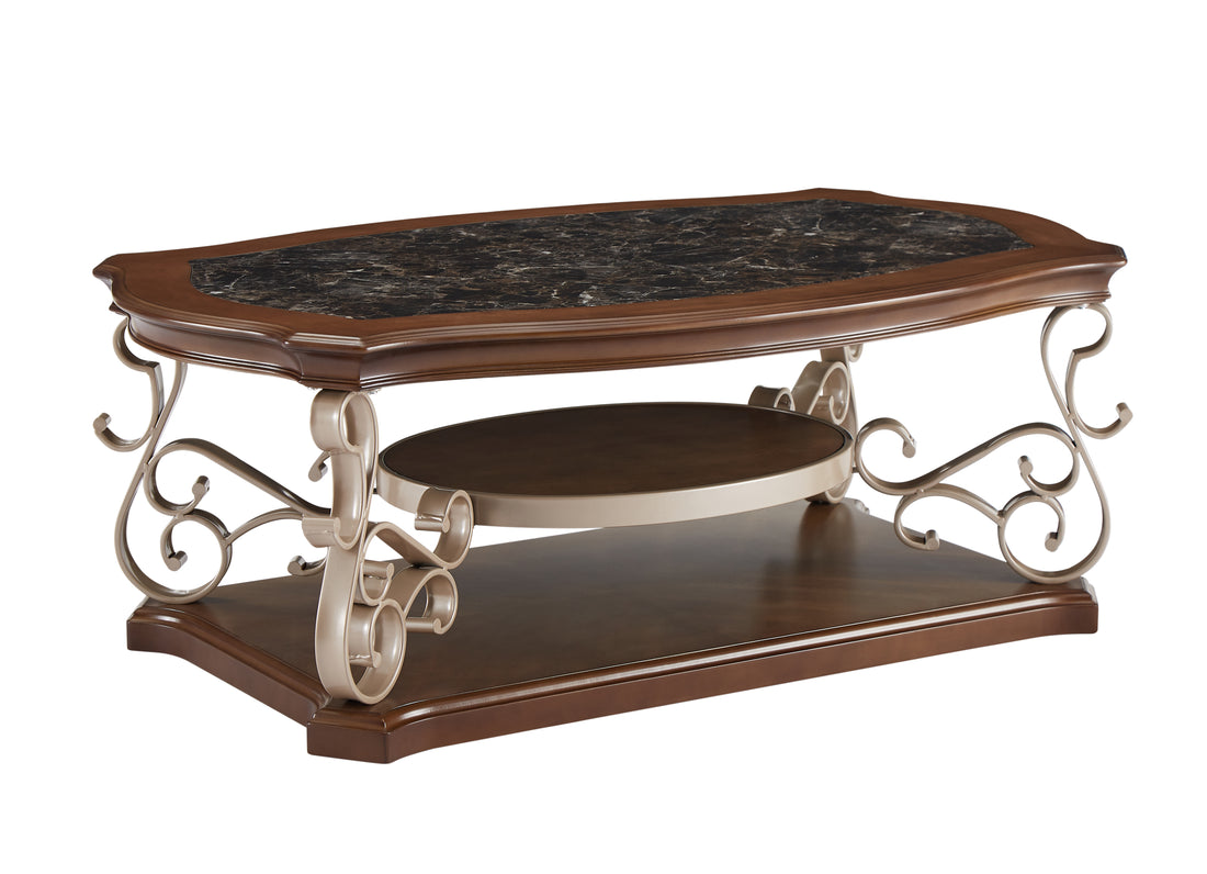 Cocktail Table, Marble Paper Top, Mdf With Birch Veneer Middle Shelf And Bottompowder Coat Finish Metal Legs. 52"Lx32"Wx20 "H Champagne Brown Dining Room American Design Birch Coffee & End Tables Mdf