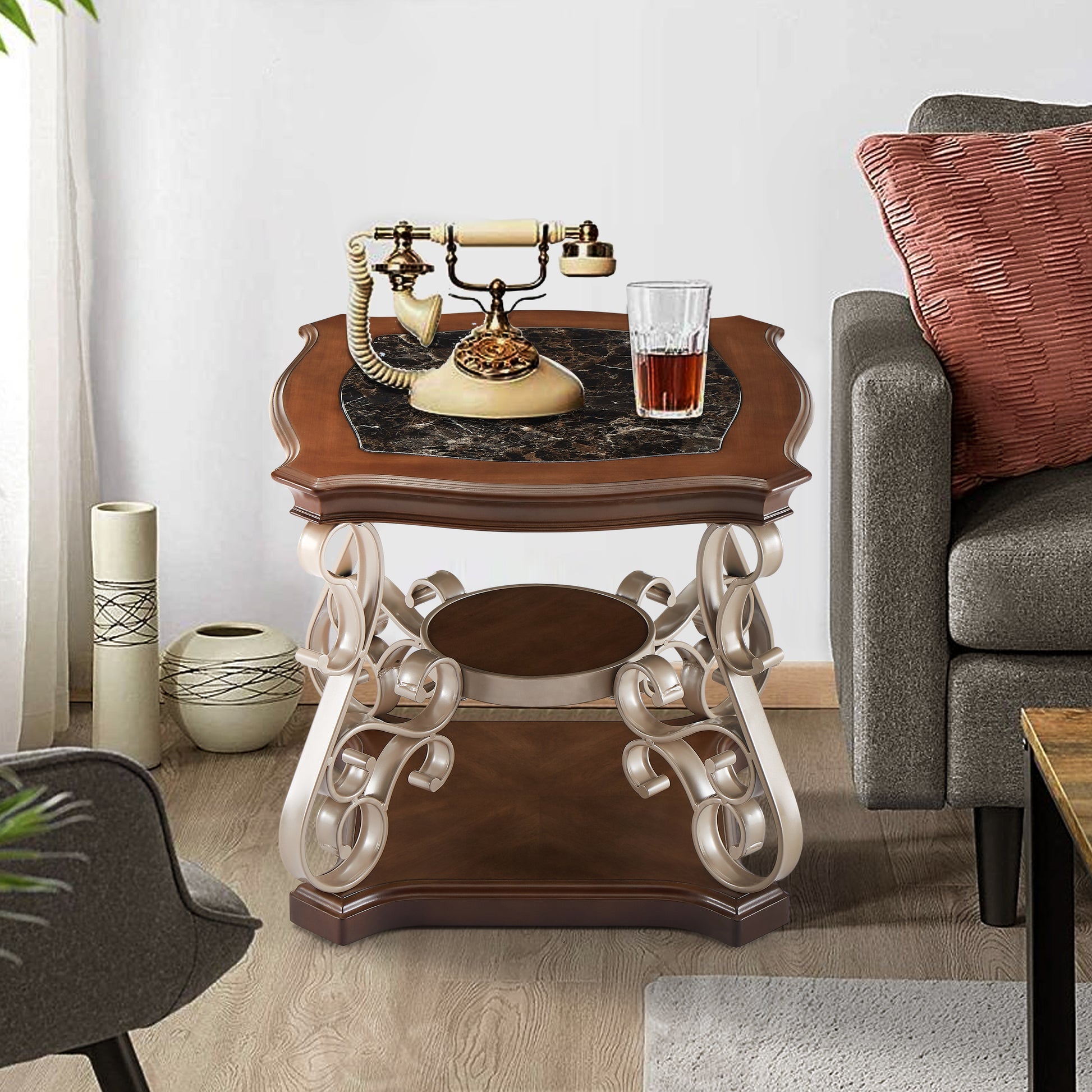 End Table, Marble Paper Top, Mdf With Brich Middle Shelf, Powder Coat Finish Metal Legs. 26.2"Lx26.2"Wx24"H Brown Lockable Drawer Or Cabinet Z Shape Dining Room Birch Champagne Desk Top Floor Mount Square Shelves Coffee & End Tables Glossy Mdf Pedestal