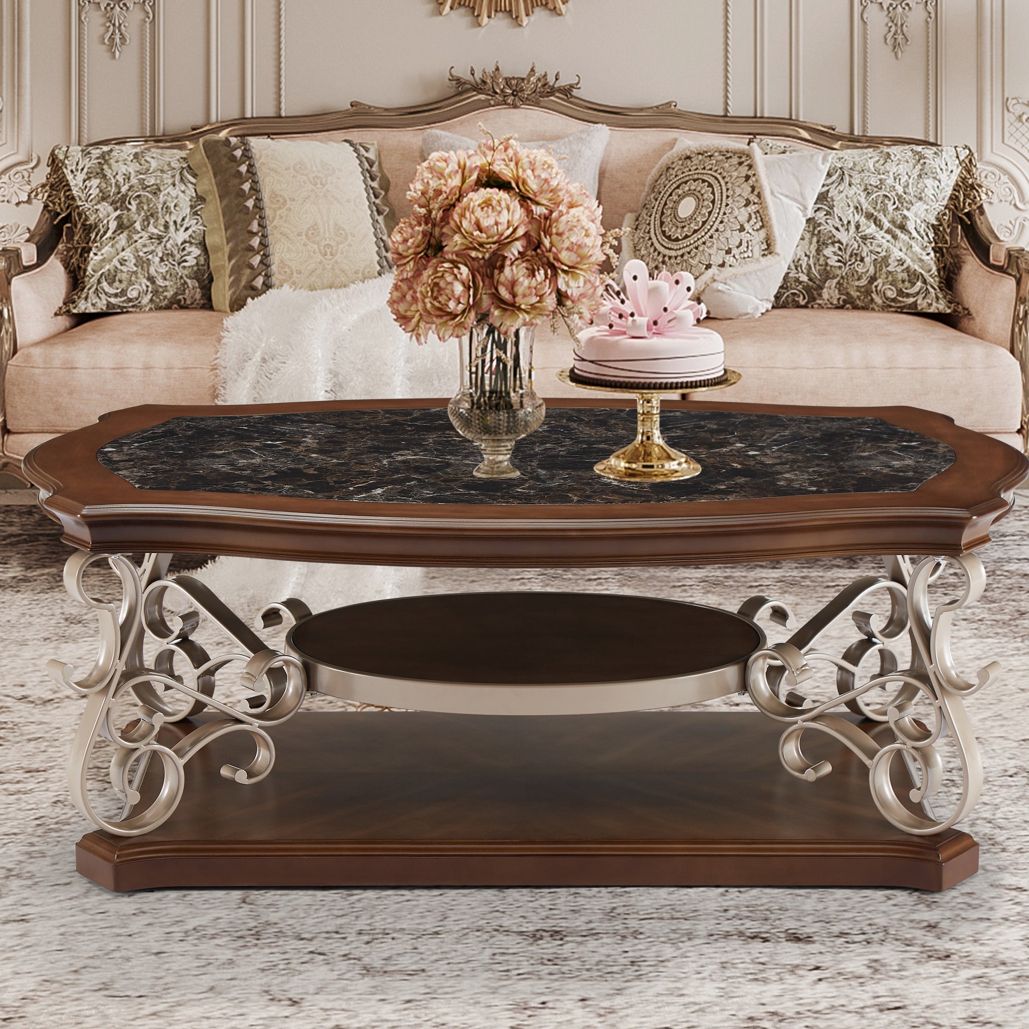 Cocktail Table, Marble Paper Top, Mdf With Birch Veneer Middle Shelf And Bottompowder Coat Finish Metal Legs. 52"Lx32"Wx20 "H Champagne Brown Dining Room American Design Birch Coffee & End Tables Mdf