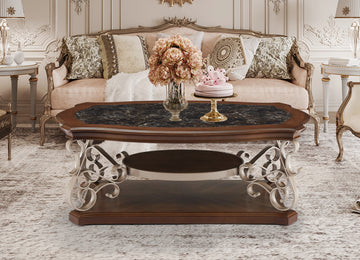 Cocktail Table, Marble Paper Top, Mdf With Birch Veneer Middle Shelf And Bottompowder Coat Finish Metal Legs. 52"Lx32"Wx20 "H Champagne Brown Dining Room American Design Birch Coffee & End Tables Mdf