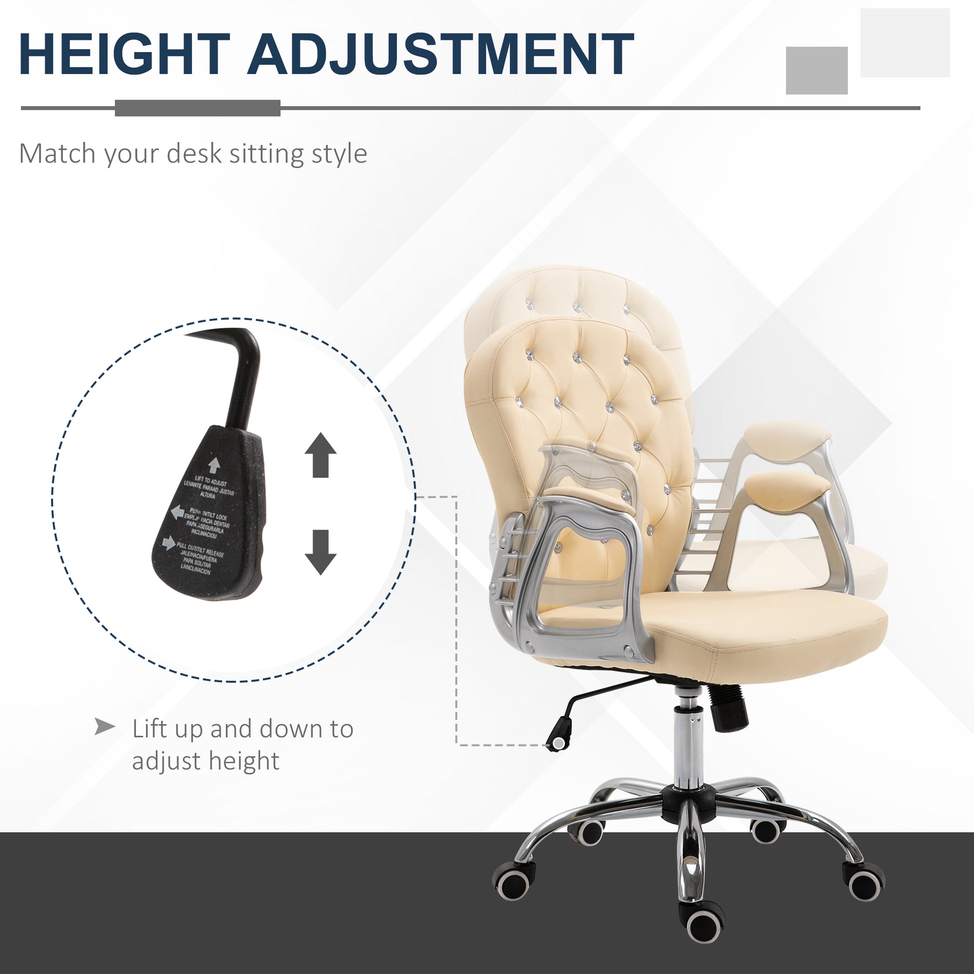 Pu Leather Home Office Chair, Button Tufted Desk Chair With Padded Armrests, Adjustable Height And Swivel Wheels, Beige Beige Plastic