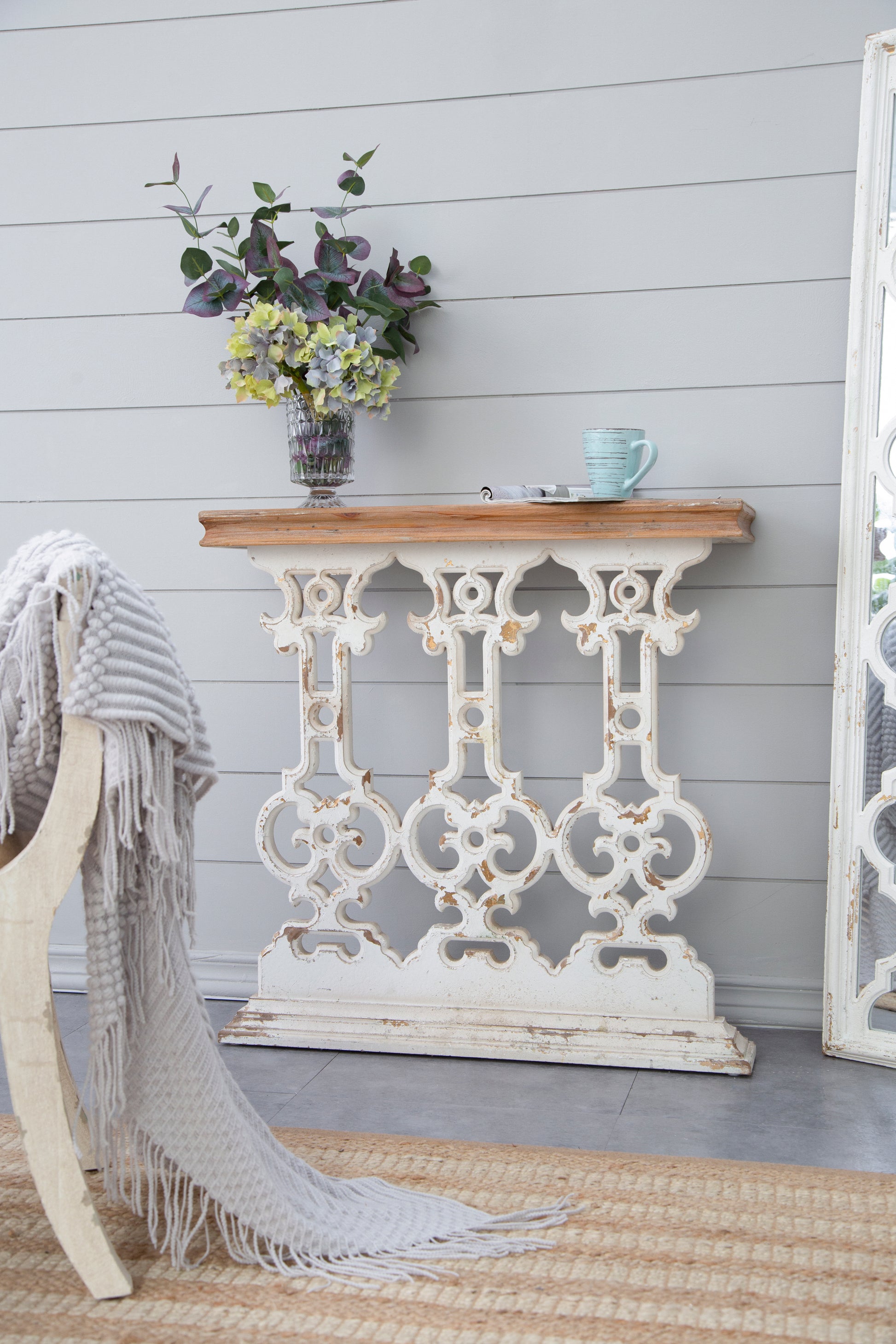 32" X 12" X 32" Classic Vintage White Wash Console Table With Brown Wood Top Brown Antique White Wood