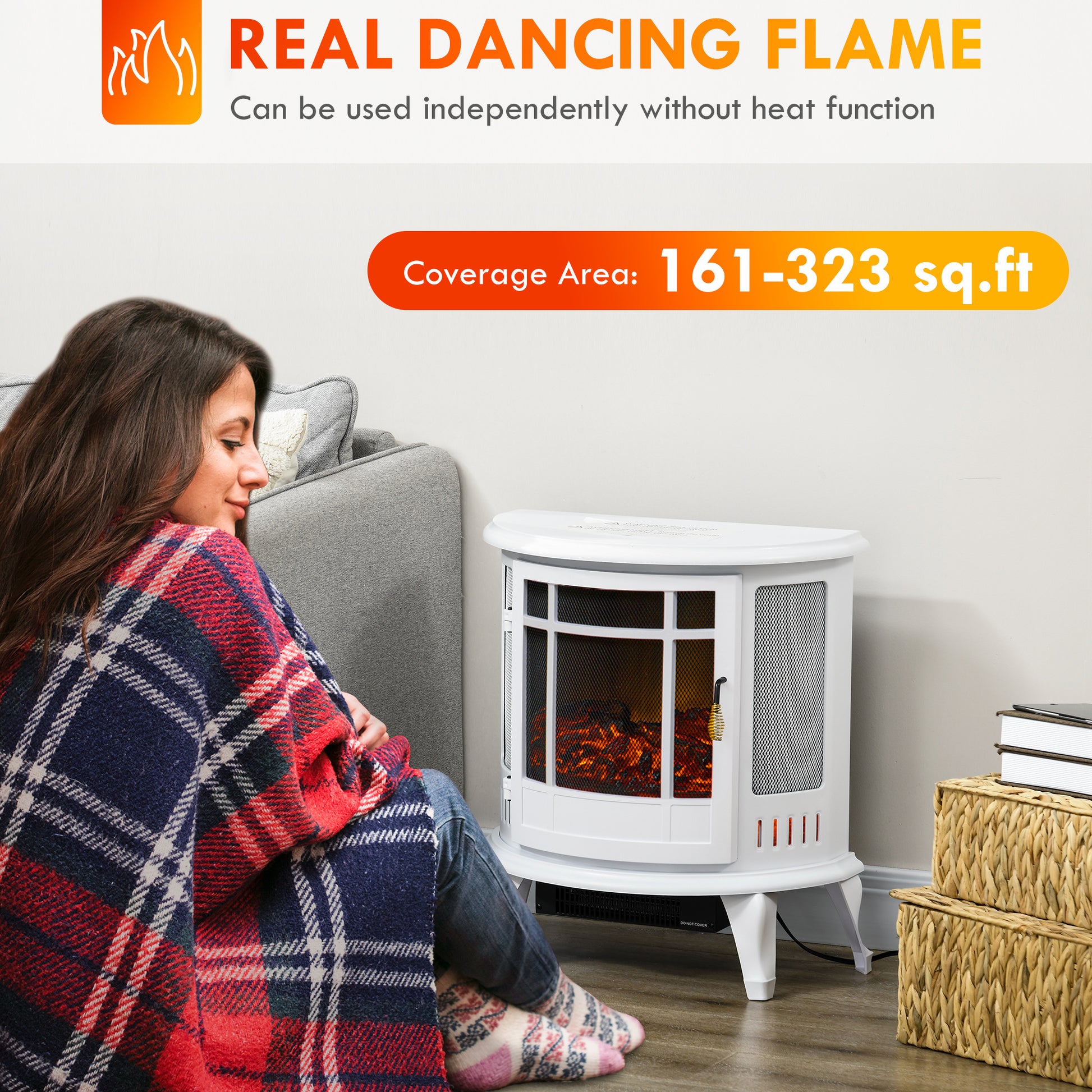 22" Electric Fireplace Stove, Freestanding Electric Fire Place Heater With Realistic Led Flame, Adjustable Temperature, 1500W, White White Polypropylene