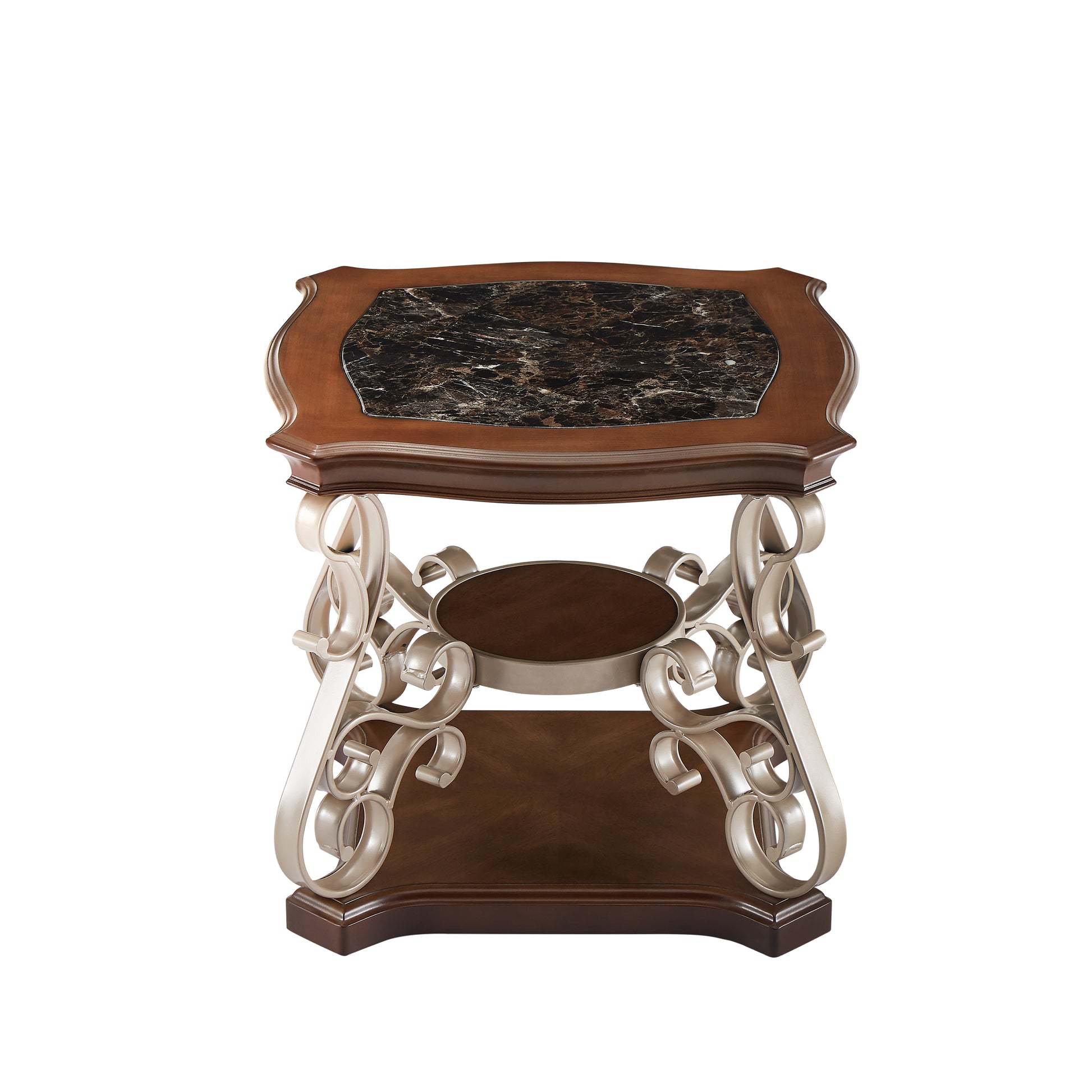 End Table, Marble Paper Top, Mdf With Brich Middle Shelf, Powder Coat Finish Metal Legs. 26.2"Lx26.2"Wx24"H Brown Lockable Drawer Or Cabinet Z Shape Dining Room Birch Champagne Desk Top Floor Mount Square Shelves Coffee & End Tables Glossy Mdf Pedestal