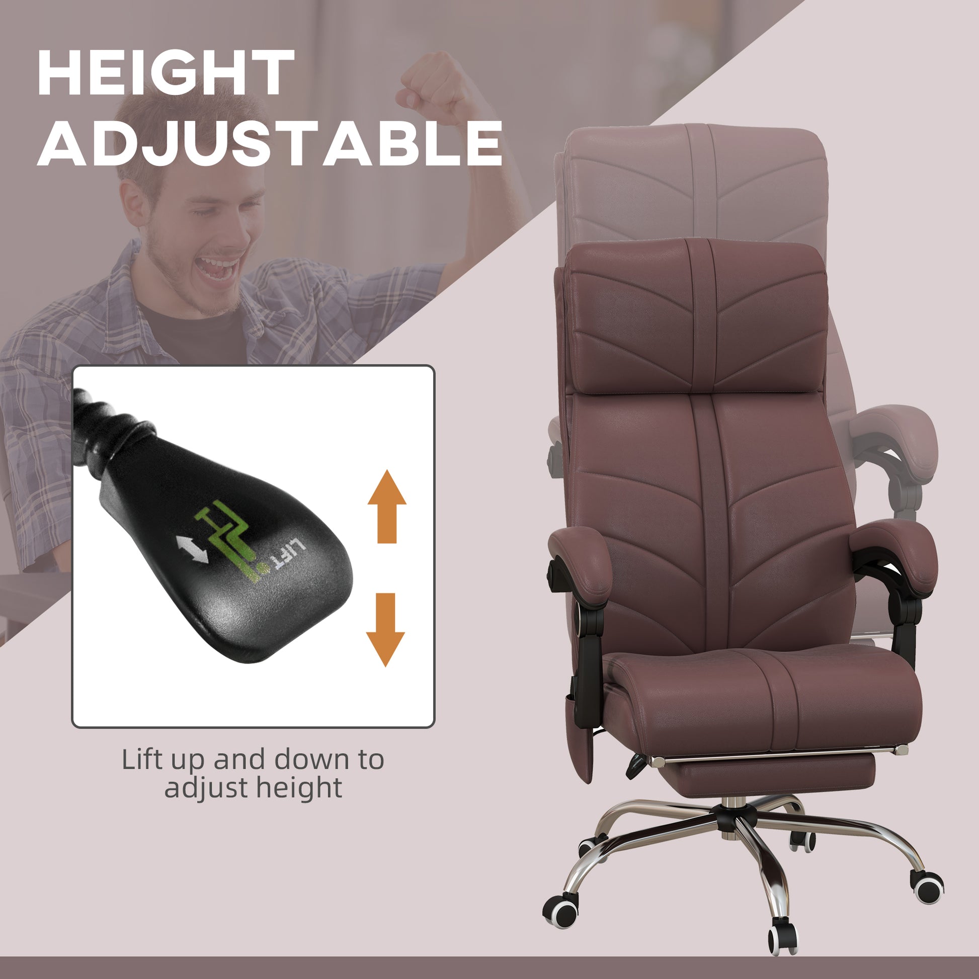 Executive Massage Office Chair With 4 Vibration, Computer Desk Chair, Pu Leather Heated Reclining Chair With Adjustable Height, Swivel Wheels, Brown Brown Pu Leather