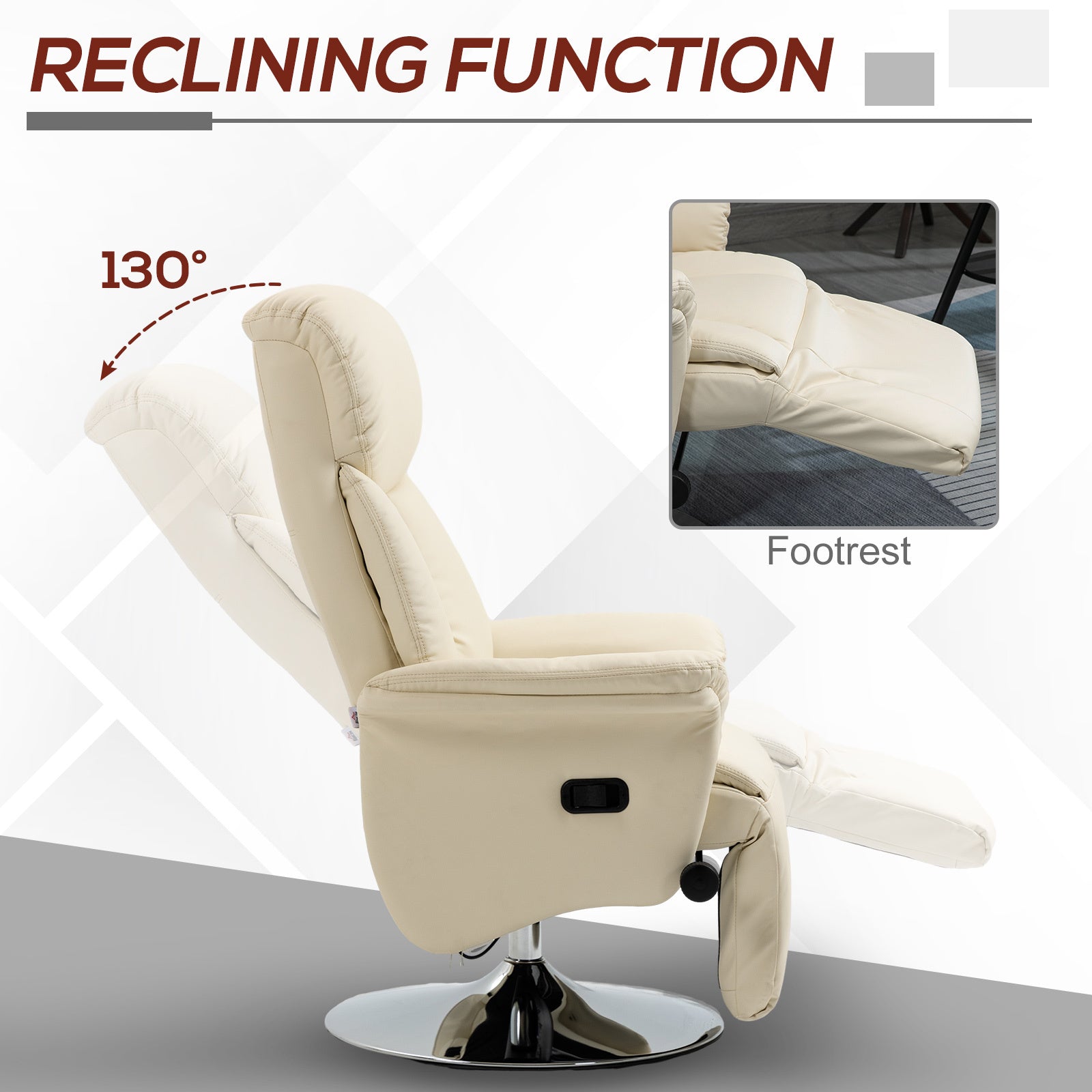 Manual Recliner Chair For Adults, Adjustable Swivel Recliner With Footrest, Padded Arms, Pu Leather Upholstery And Steel Base For Living Room, Cream White Cream White Pu Leather