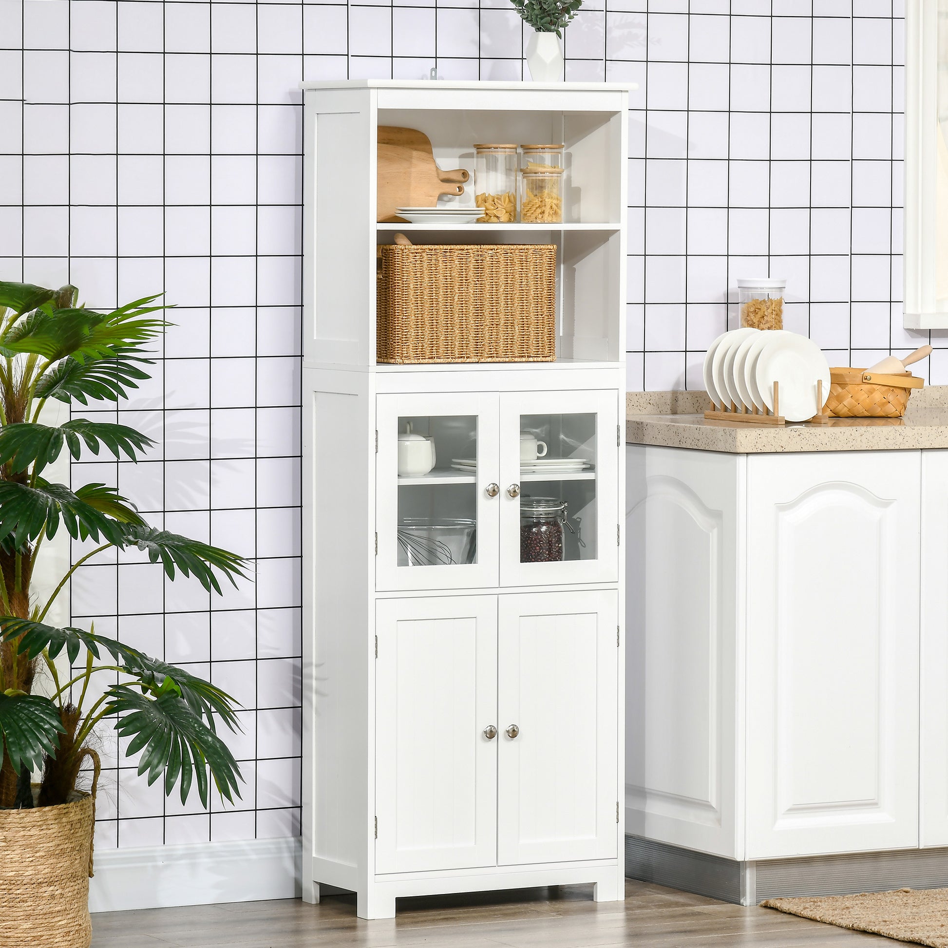 63" Small Buffet With Hutch, 4 Door Kitchen Pantry, Freestanding Storage Cabinet With Adjustable Shelf For Dining Room, Living Room, White White Mdf