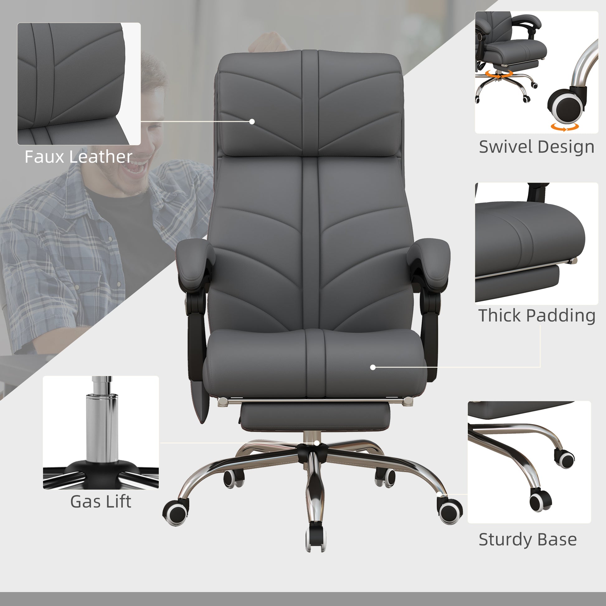 Executive Massage Office Chair With 4 Vibration, Computer Desk Chair, Pu Leather Heated Reclining Chair With Adjustable Height, Swivel Wheels, Gray Gray Pu Leather