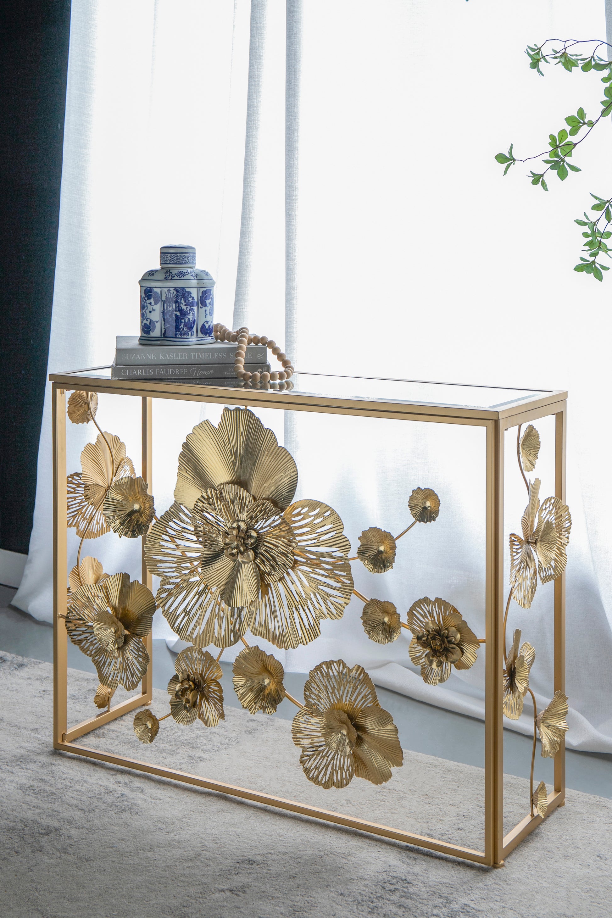 39.5" X 12" X 30.5" Gold Console Table With Mirrored Glass Top, Modern Entryway Table For Living Room Foyer Entryway Gold Iron