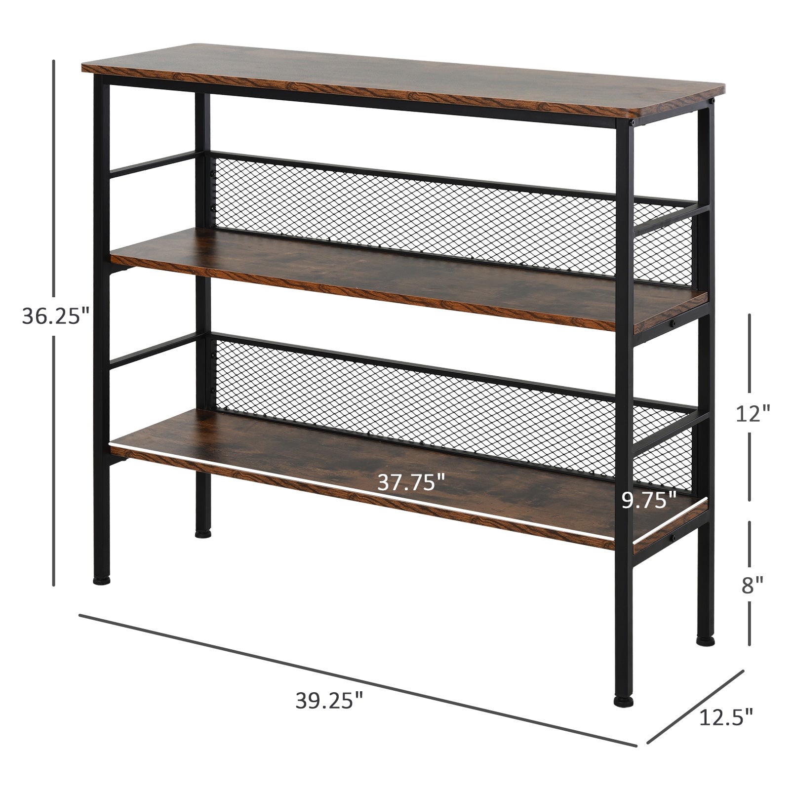 3 Tier Console Table Industrial Style Storage Metal Wooden Shelf With A Robust Multi Functional Design & Adjustable Feet, Black Rustic Brown Mdf Steel