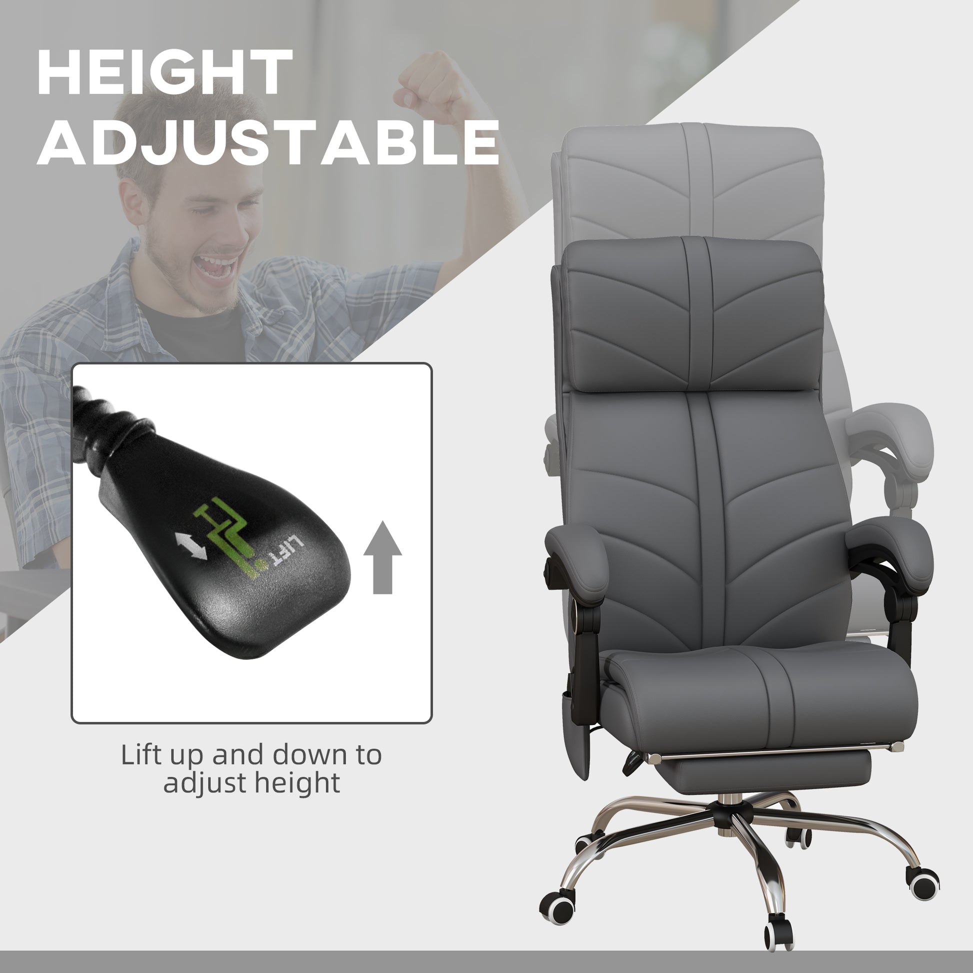 Executive Massage Office Chair With 4 Vibration, Computer Desk Chair, Pu Leather Heated Reclining Chair With Adjustable Height, Swivel Wheels, Gray Gray Pu Leather