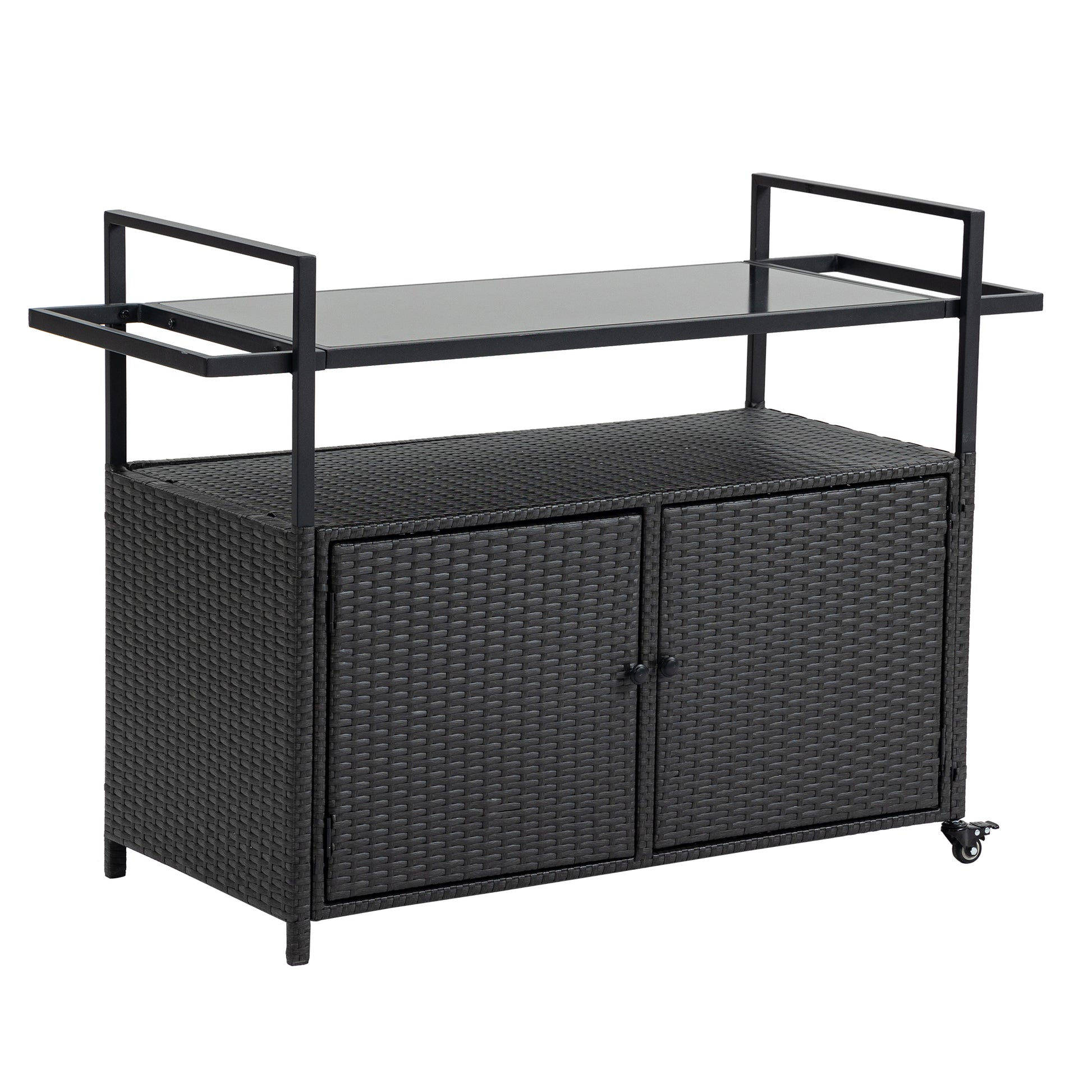 Outdoor Wicker Bar Cart, Patio Wine Serving Cart W Wheels, Rolling Rattan Beverage Bar Counter Table W Glass Top For Porch Backyard Garden Poolside Party, Black No Black Garden & Outdoor Steel