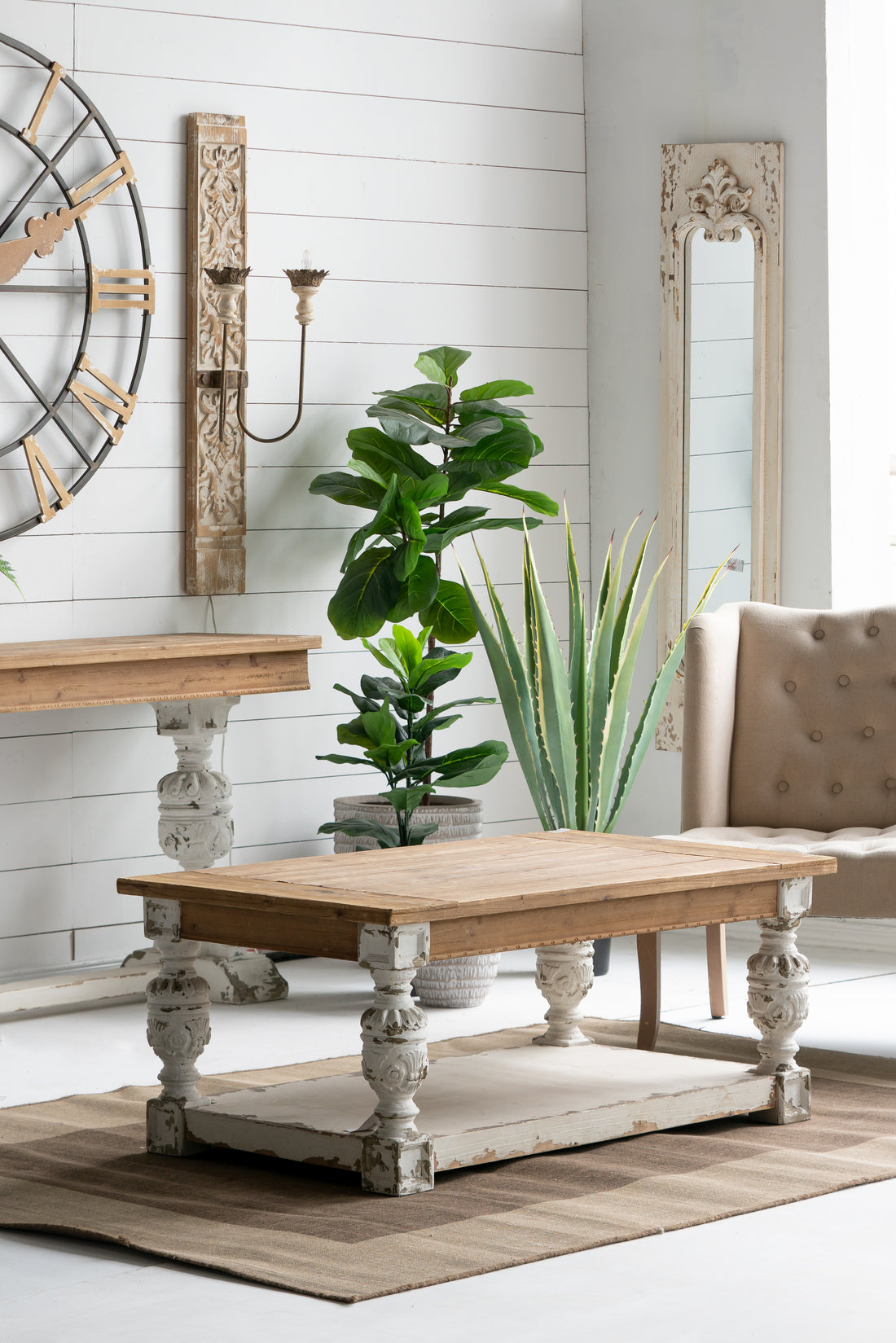 47" X 27.5" X 20" Rectangle Coffee Wooden Coffee Table, French Country Coffee Table Brown Antique White Wood