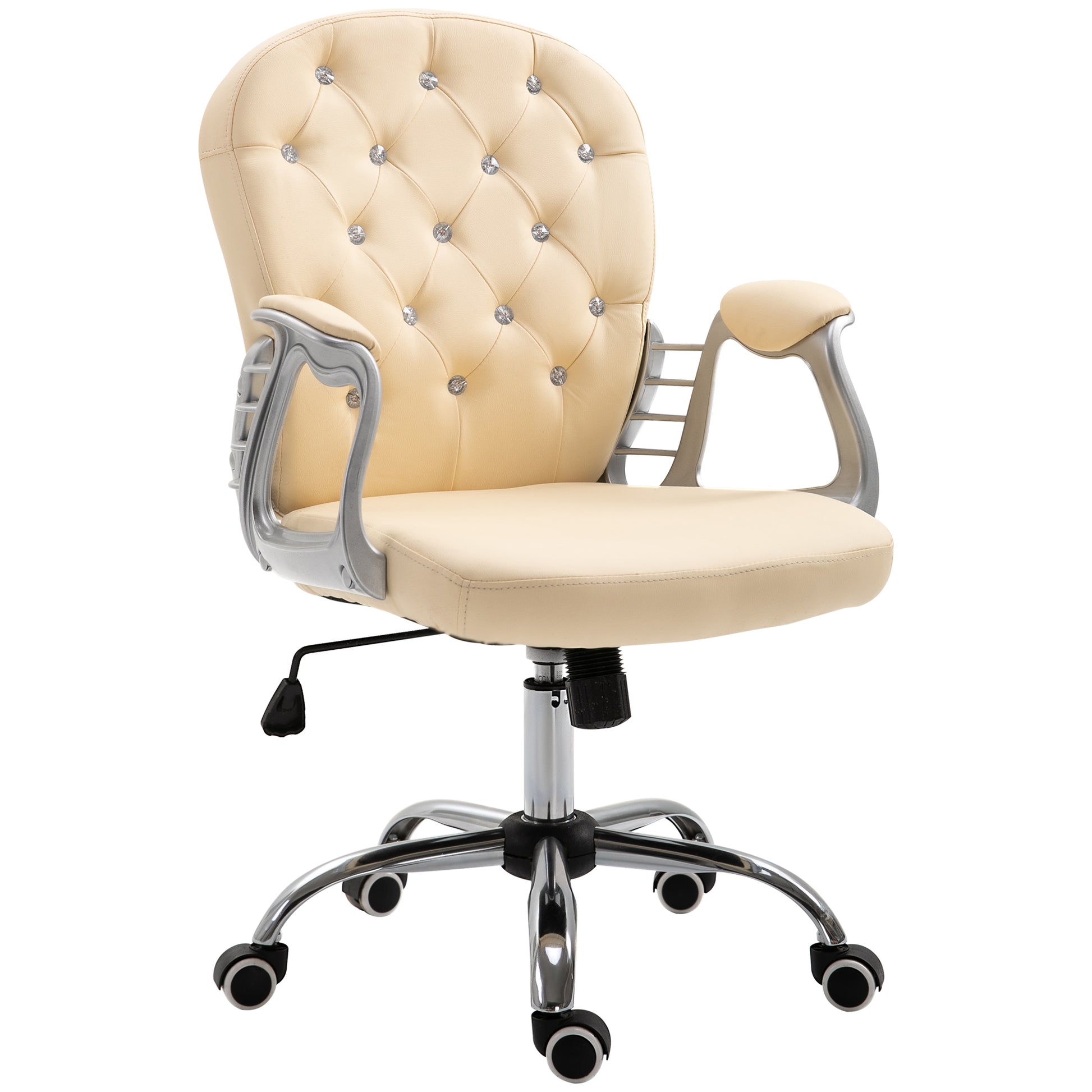 Pu Leather Home Office Chair, Button Tufted Desk Chair With Padded Armrests, Adjustable Height And Swivel Wheels, Beige Beige Plastic