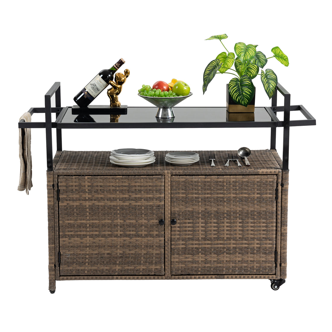 Outdoor Wicker Bar Cart, Patio Wine Serving Cart W Wheelsrolling Rattan Beverage Bar Counter Table W Glass Top For Porch Backyard Garden Poolside Party, Light Brown Light Brown Garden & Outdoor