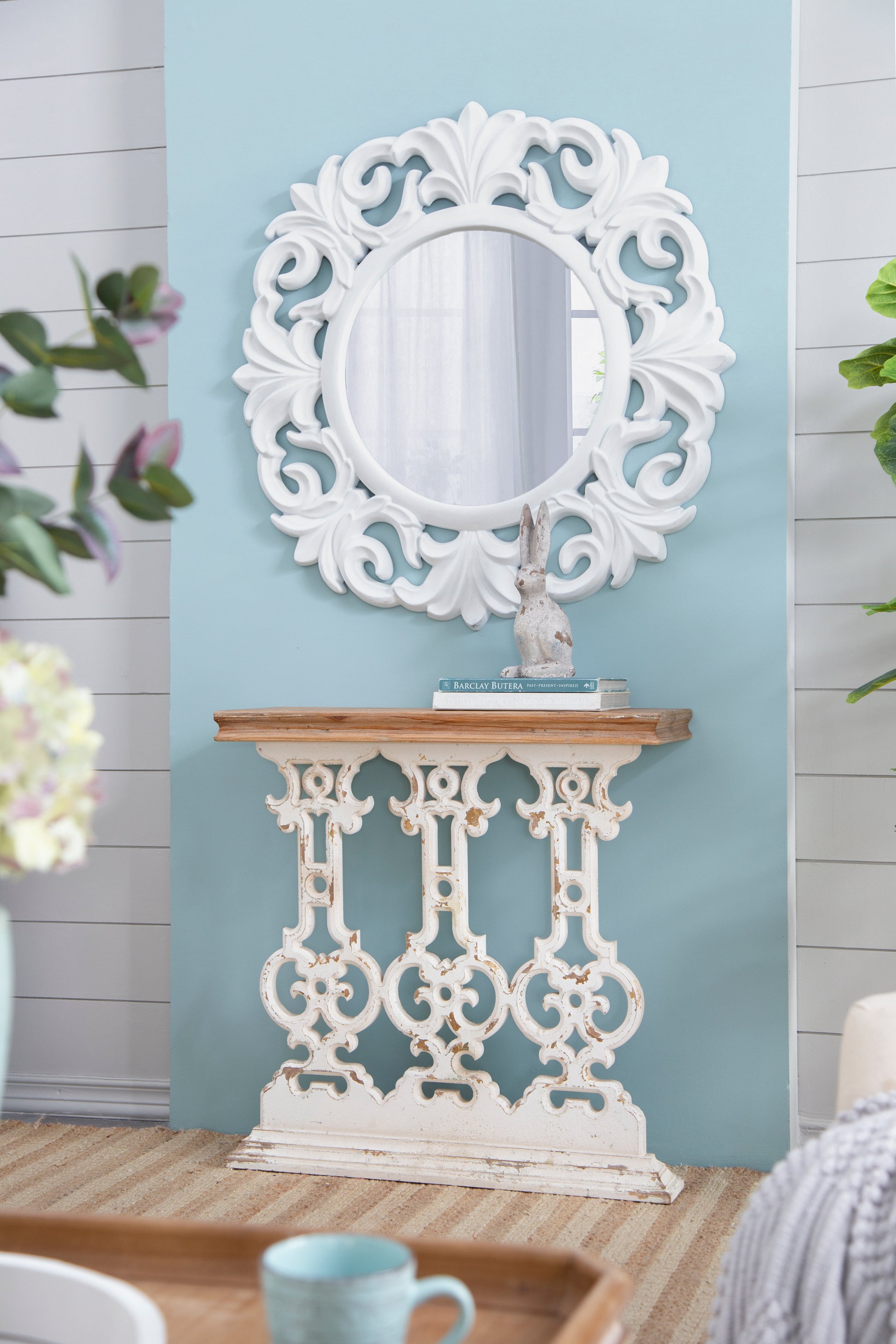 32" X 12" X 32" Classic Vintage White Wash Console Table With Brown Wood Top Brown Antique White Wood