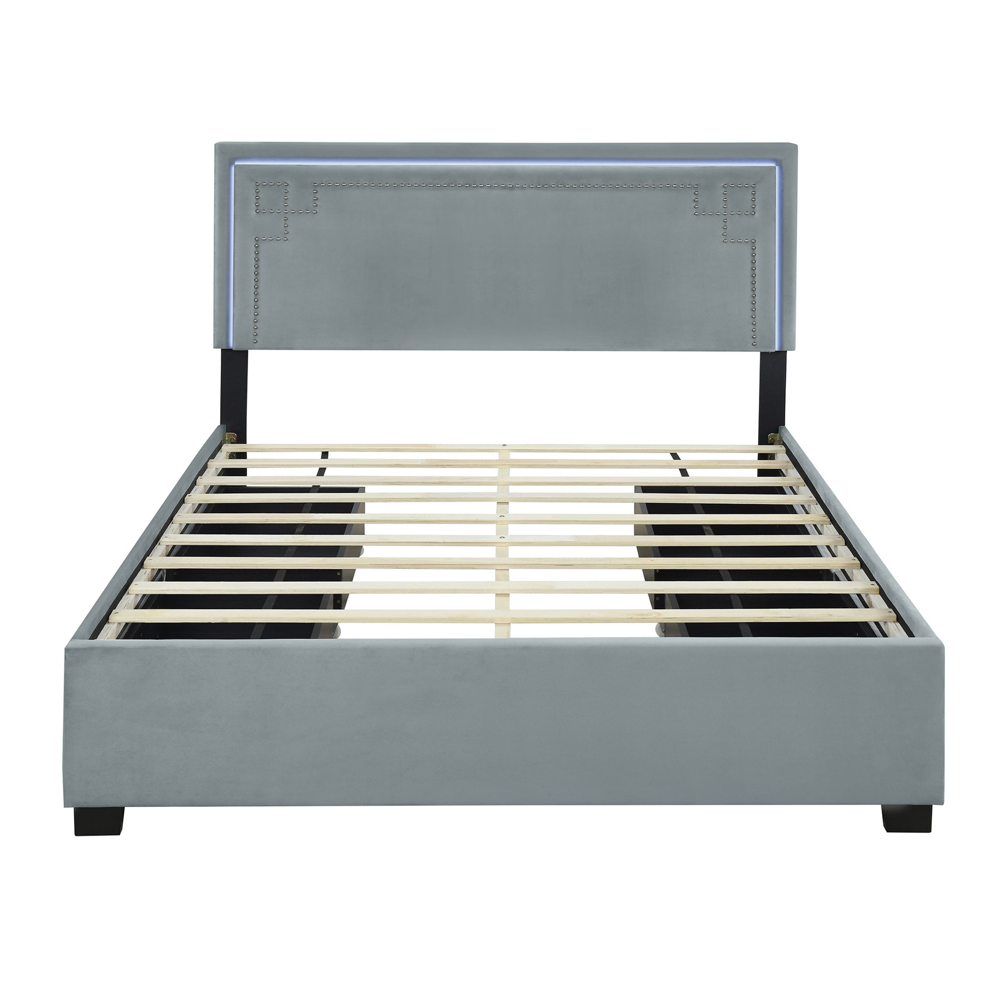 Queen Size Upholstered Platform Bed With Rivet Decorated Headboard, Led Bed Frame And 4 Drawers, Gray Gray Velvet
