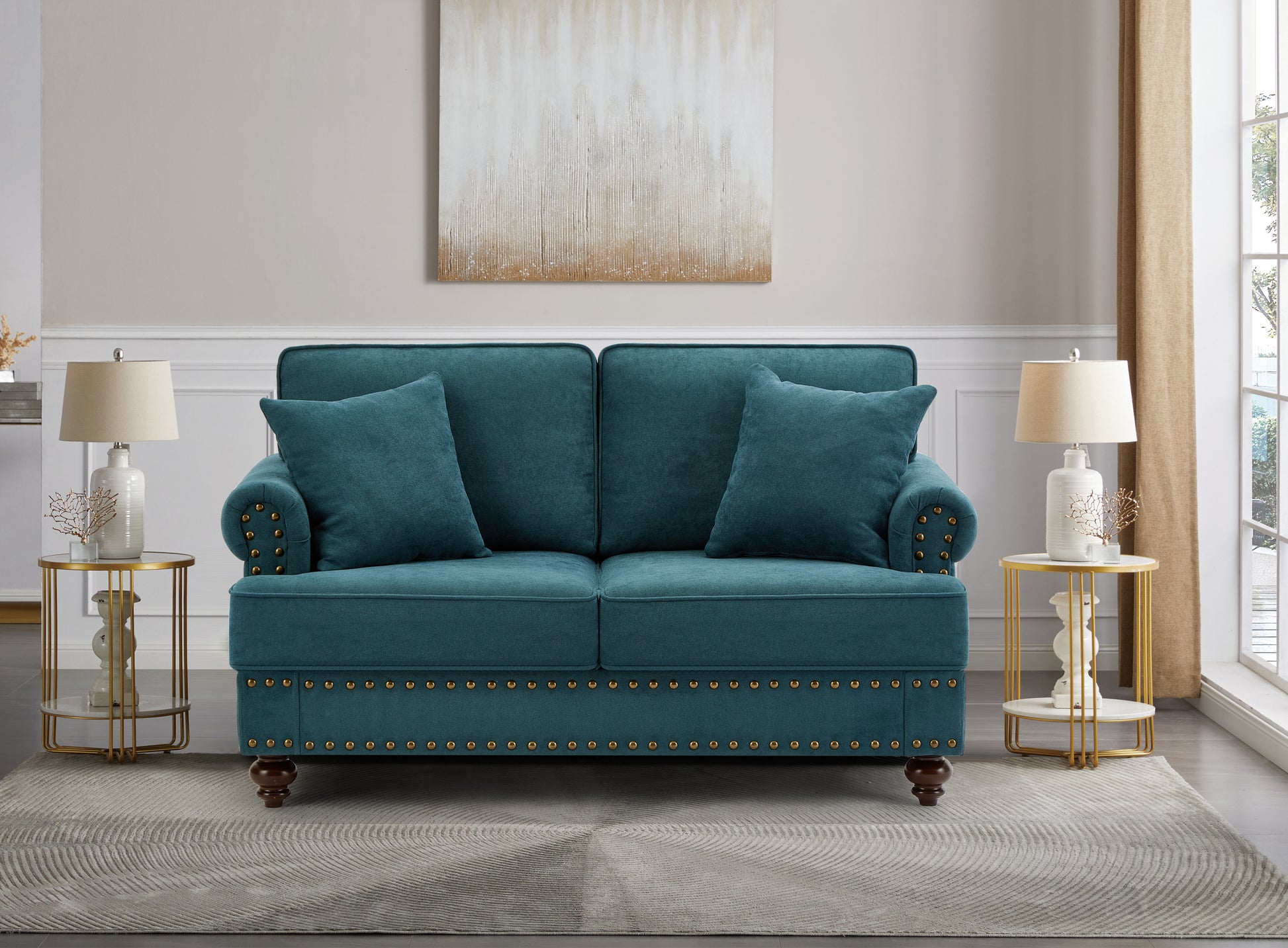 Modern Sofa For Living Room,61" Green Chenille Sofa Couch, Sectional Beautiful Seat Sofa Couch With Brown Legs, Upholstered Sofa For Apartment Bedroom Home Office Lake Green Brown Wood Primary Living Space Soft Cushion Back American Design Rolled Arms