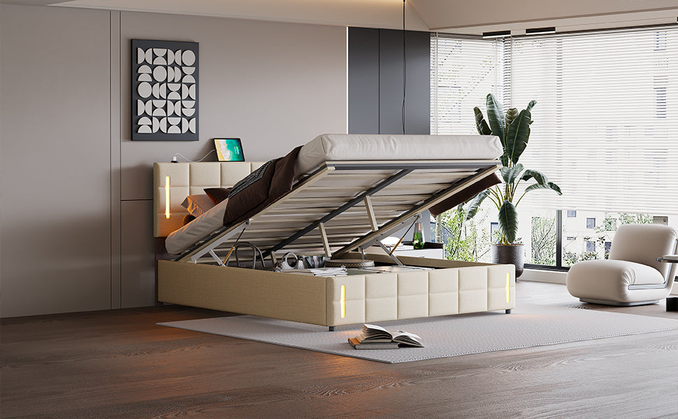 Queen Size Upholstered Bed With Hydraulic Storage System And Led Light, Beige Queen Beige Linen