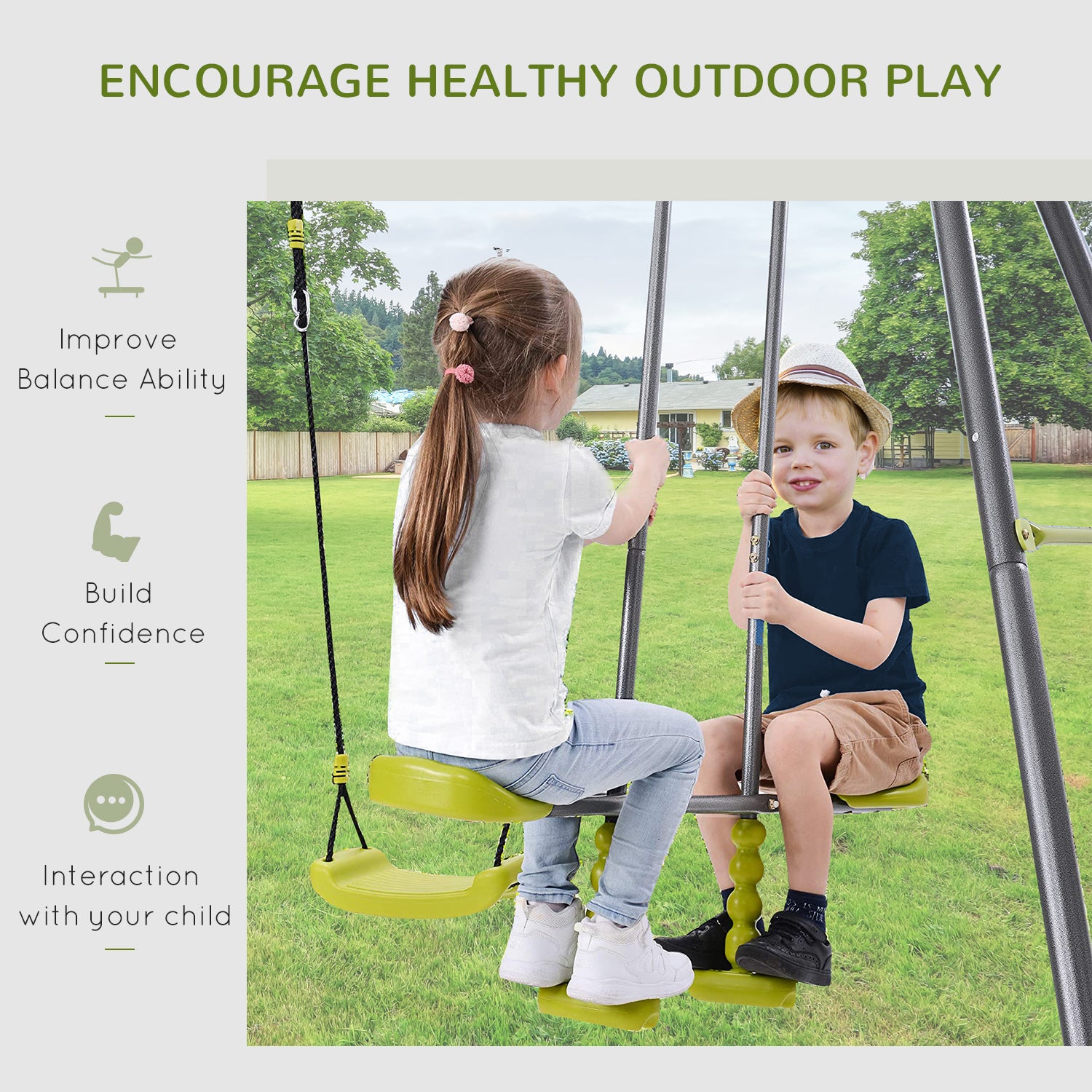 3 In 1 Kids Metal Swing Set For Backyard With Swing Seat, Glider And Climbing Ladder, Heavy Duty Metal Frame For 4 Children Grey Metal