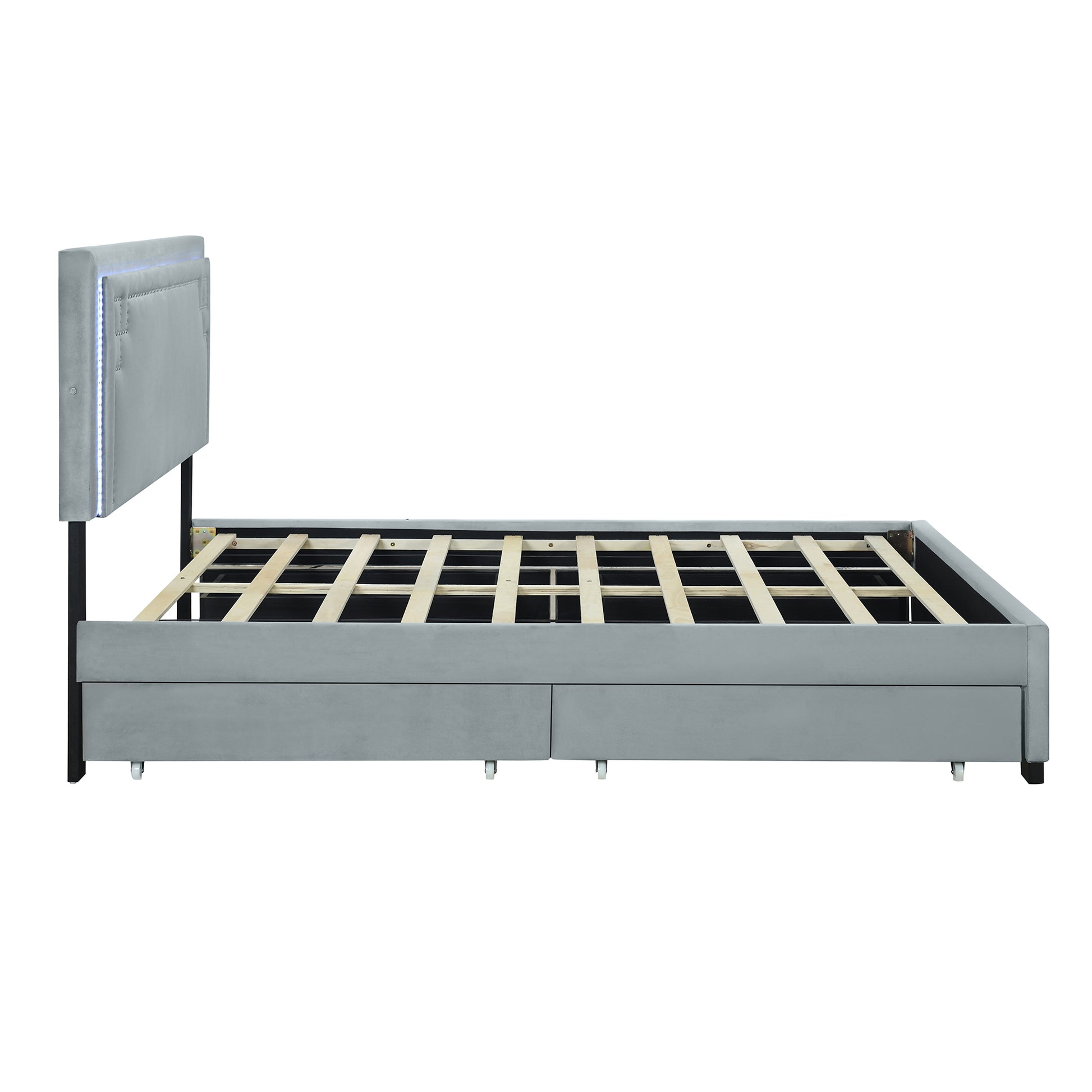 Queen Size Upholstered Platform Bed With Rivet Decorated Headboard, Led Bed Frame And 4 Drawers, Gray Gray Velvet