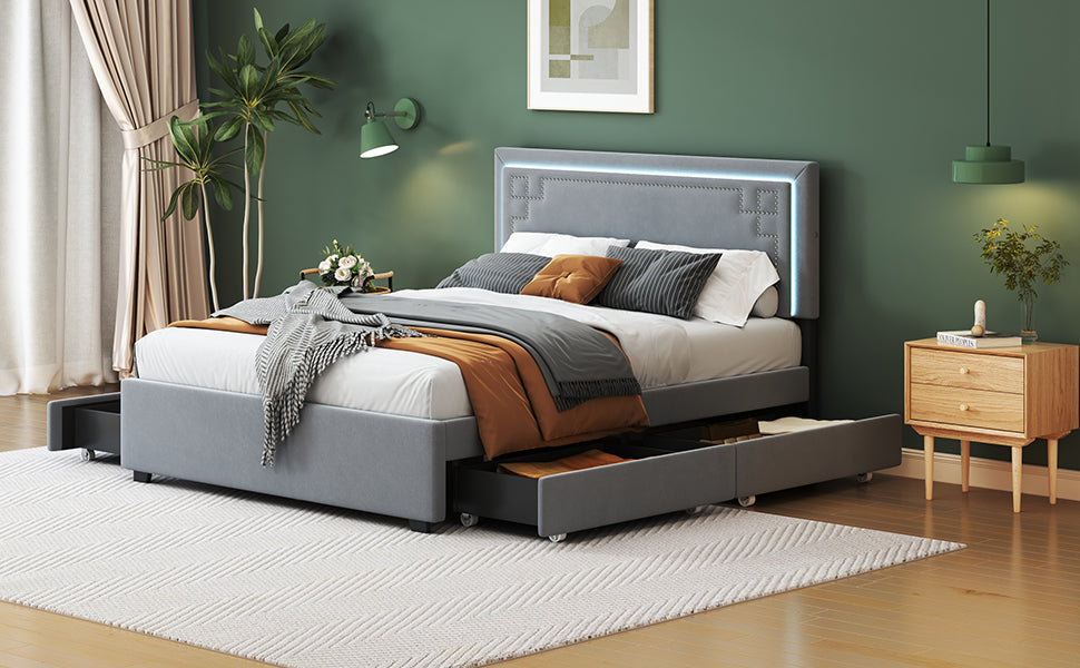 Queen Size Upholstered Platform Bed With Rivet Decorated Headboard, Led Bed Frame And 4 Drawers, Gray Gray Velvet