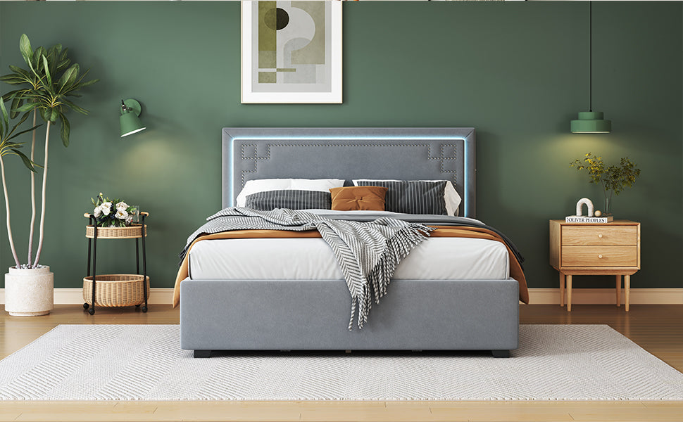 Queen Size Upholstered Platform Bed With Rivet Decorated Headboard, Led Bed Frame And 4 Drawers, Gray Gray Velvet