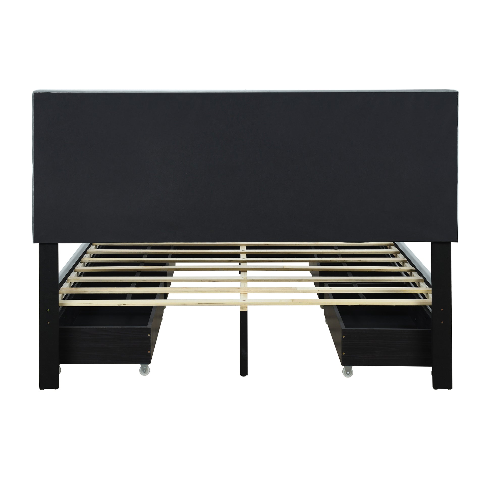 Queen Size Upholstered Platform Bed With Rivet Decorated Headboard, Led Bed Frame And 4 Drawers, Gray Gray Velvet