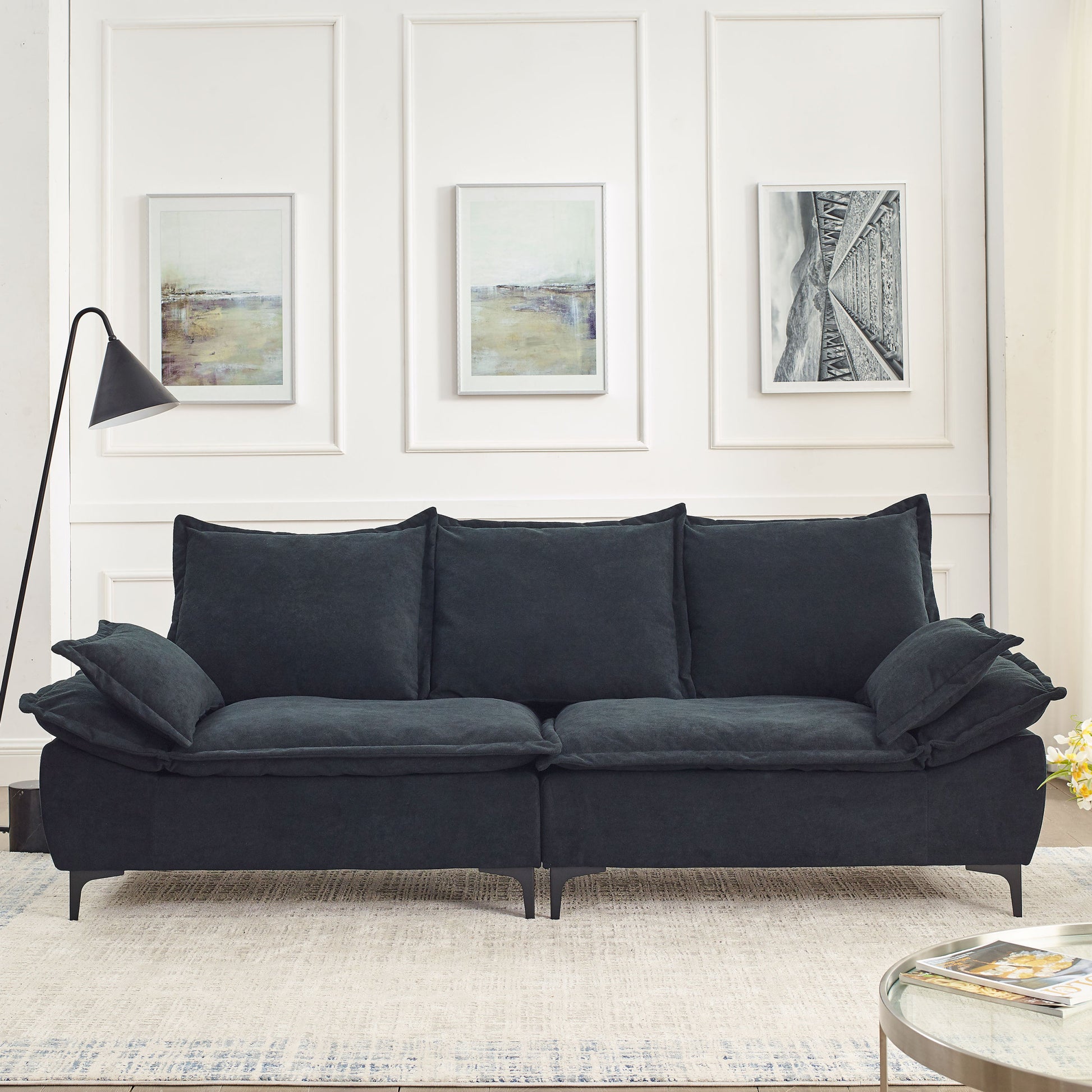 Video Mh" 88.5 Modern Sailboat Sofa Dutch Velvet 3 Seater Sofa With Two Pillows For Small Spaces In Living Rooms, Apartments Black Wood Primary Living Space Pine Foam Fabric 3 Seat
