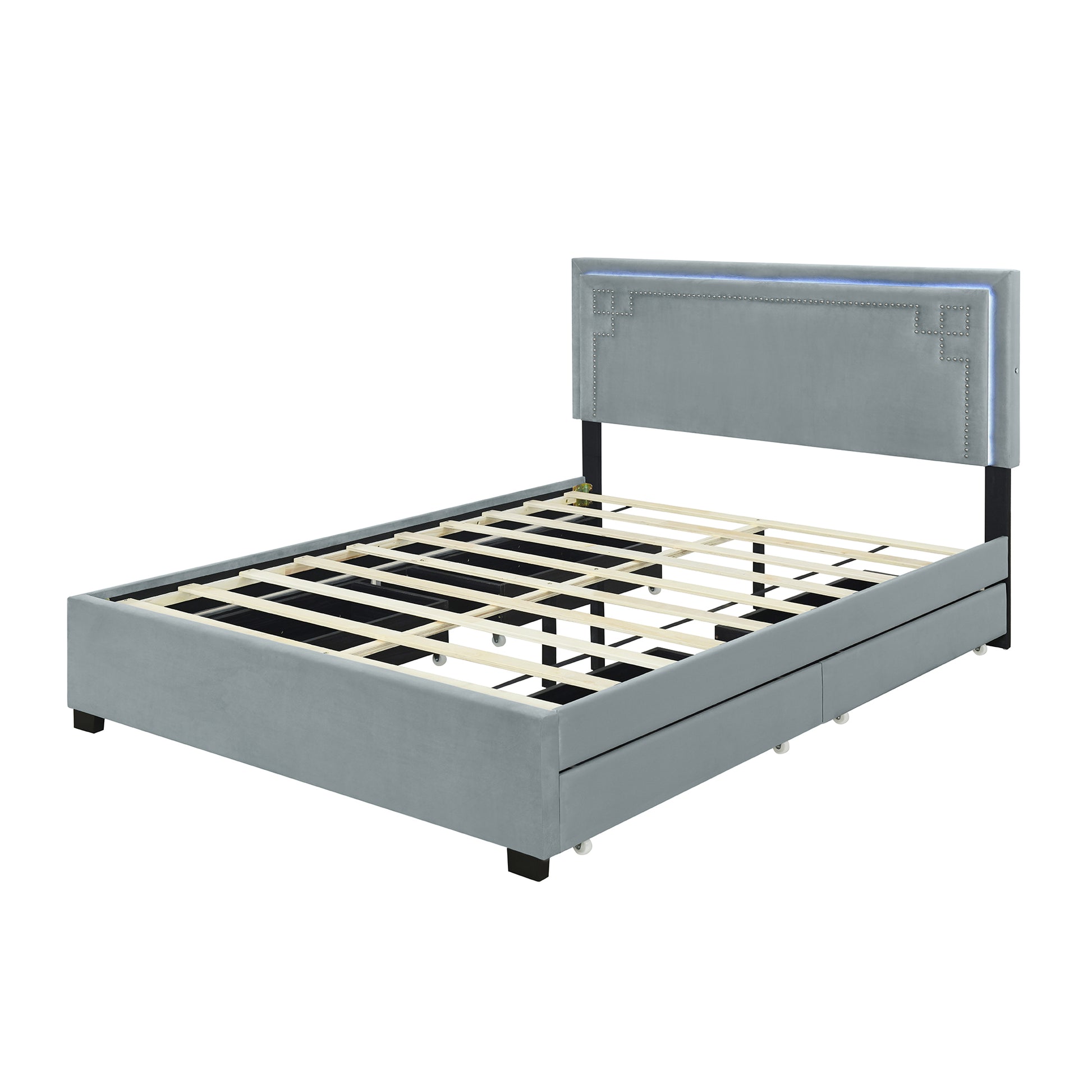 Queen Size Upholstered Platform Bed With Rivet Decorated Headboard, Led Bed Frame And 4 Drawers, Gray Gray Velvet
