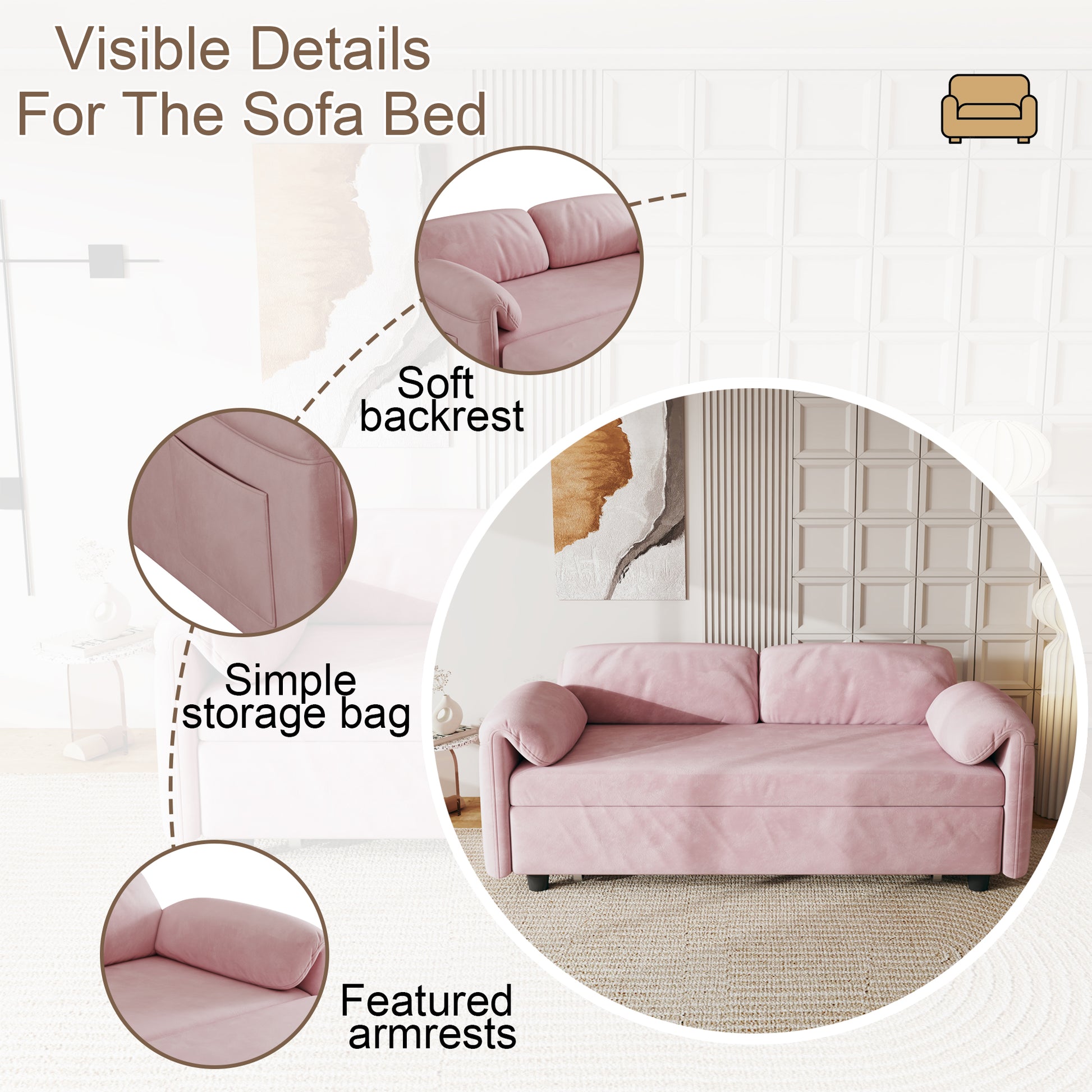 54 Inch Velvet Pink Sofa Sofa Bed Multi Purpose Living Room Retractable Bed Pink Velvet