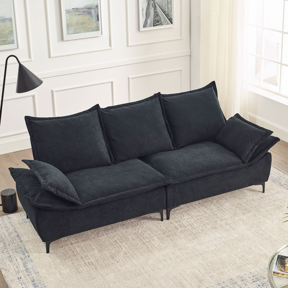 Video Mh" 88.5 Modern Sailboat Sofa Dutch Velvet 3 Seater Sofa With Two Pillows For Small Spaces In Living Rooms, Apartments Black Wood Primary Living Space Pine Foam Fabric 3 Seat