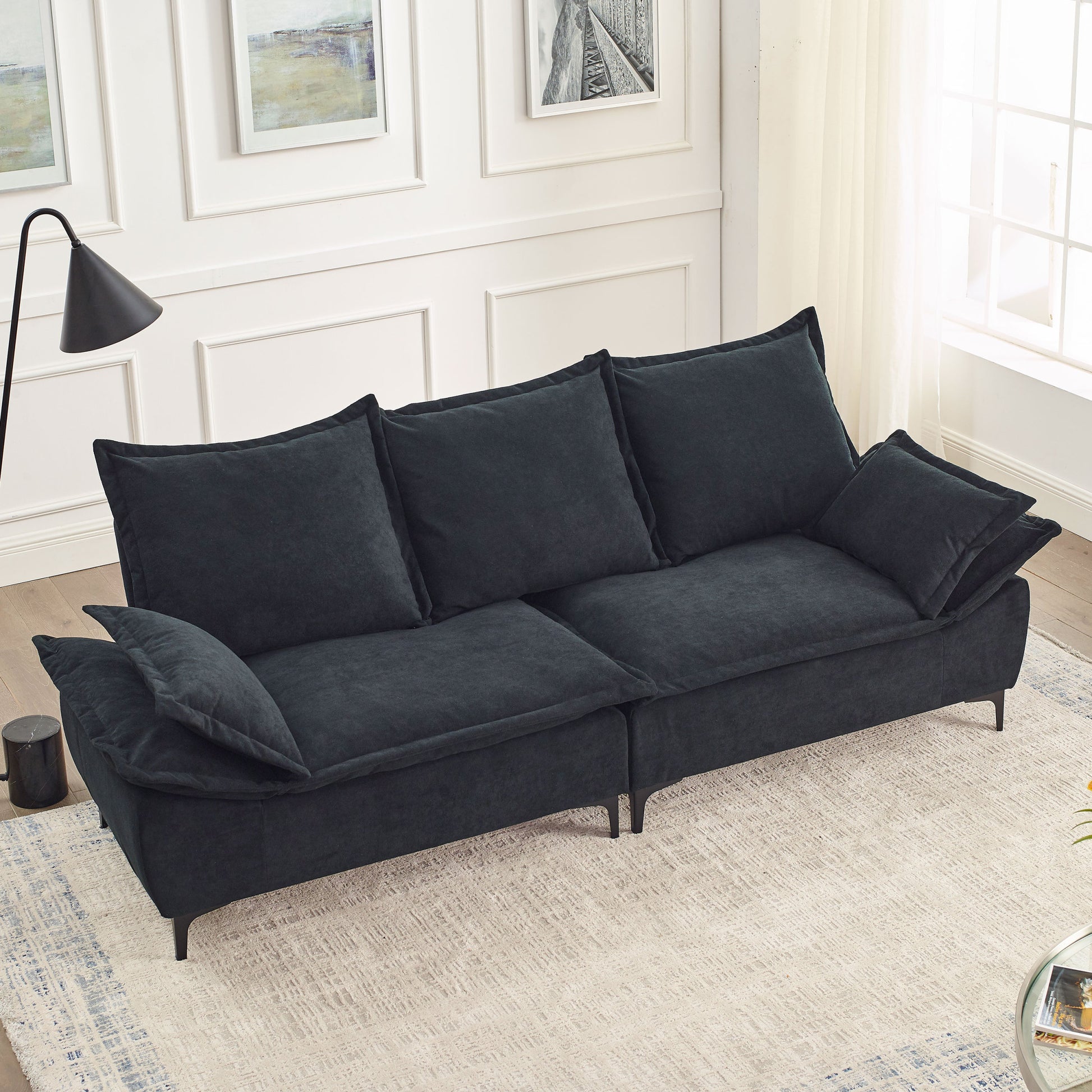 Video Mh" 88.5 Modern Sailboat Sofa Dutch Velvet 3 Seater Sofa With Two Pillows For Small Spaces In Living Rooms, Apartments Black Wood Primary Living Space Pine Foam Fabric 3 Seat