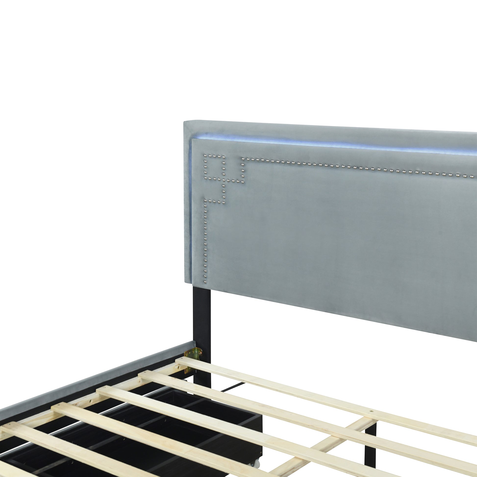 Queen Size Upholstered Platform Bed With Rivet Decorated Headboard, Led Bed Frame And 4 Drawers, Gray Gray Velvet