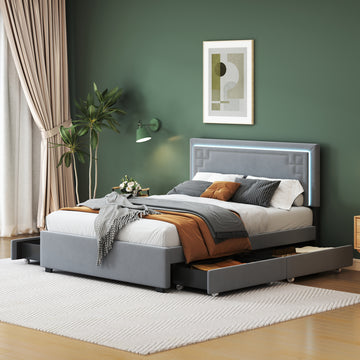 Queen Size Upholstered Platform Bed With Rivet Decorated Headboard, Led Bed Frame And 4 Drawers, Gray Gray Velvet