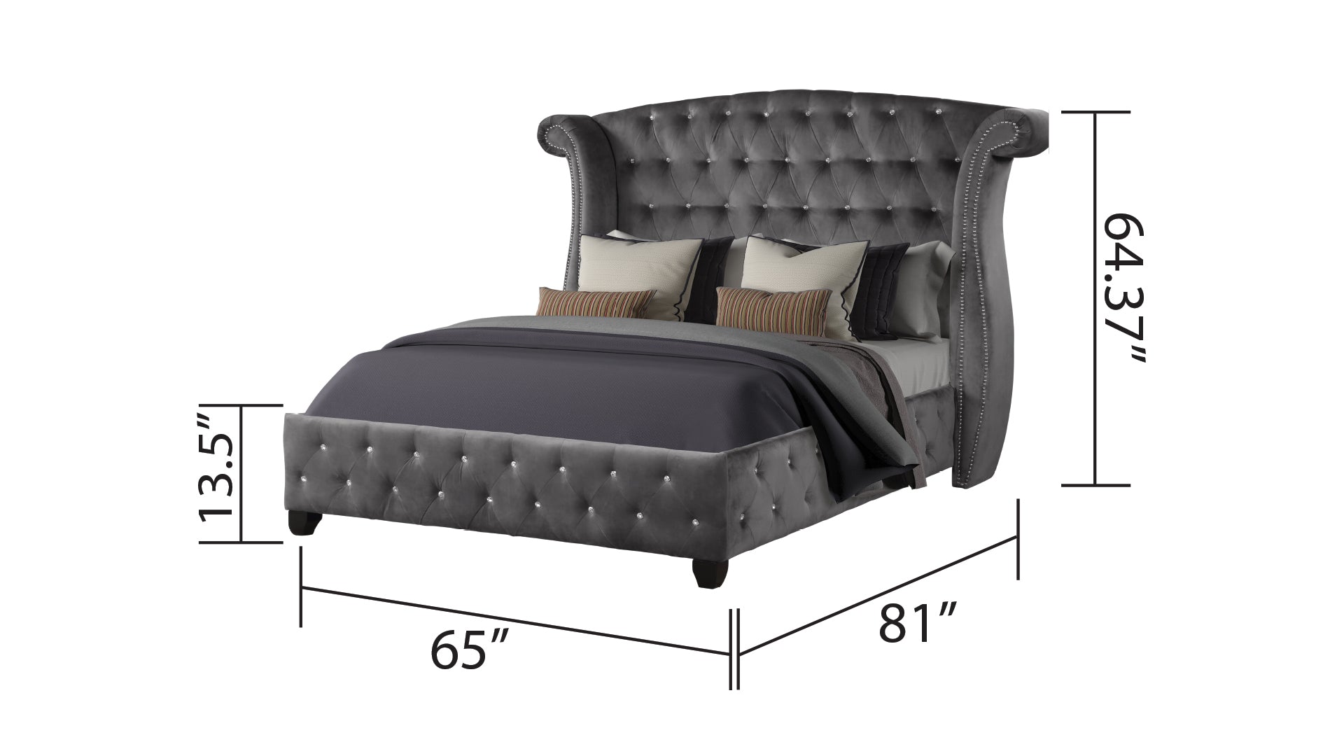 Sophia Modern Style Crystal Tufted Queen Bed Made With Wood In Gray Box Spring Not Required Queen Gray Wood Bedroom Contemporary,Modern Acacia Upholstered Velvet Wood