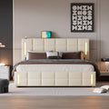 Queen Size Upholstered Bed With Hydraulic Storage System And Led Light, Beige Queen Beige Linen