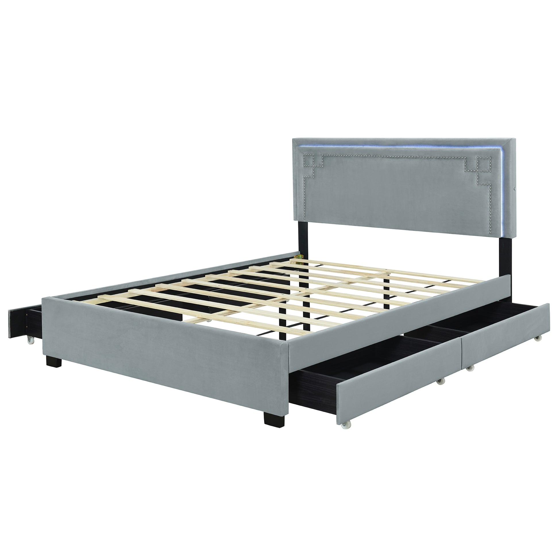 Queen Size Upholstered Platform Bed With Rivet Decorated Headboard, Led Bed Frame And 4 Drawers, Gray Gray Velvet