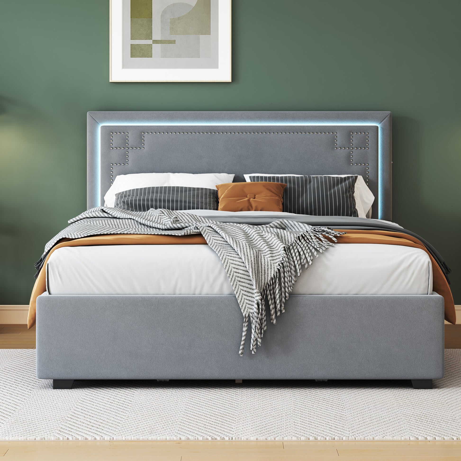 Queen Size Upholstered Platform Bed With Rivet Decorated Headboard, Led Bed Frame And 4 Drawers, Gray Gray Velvet