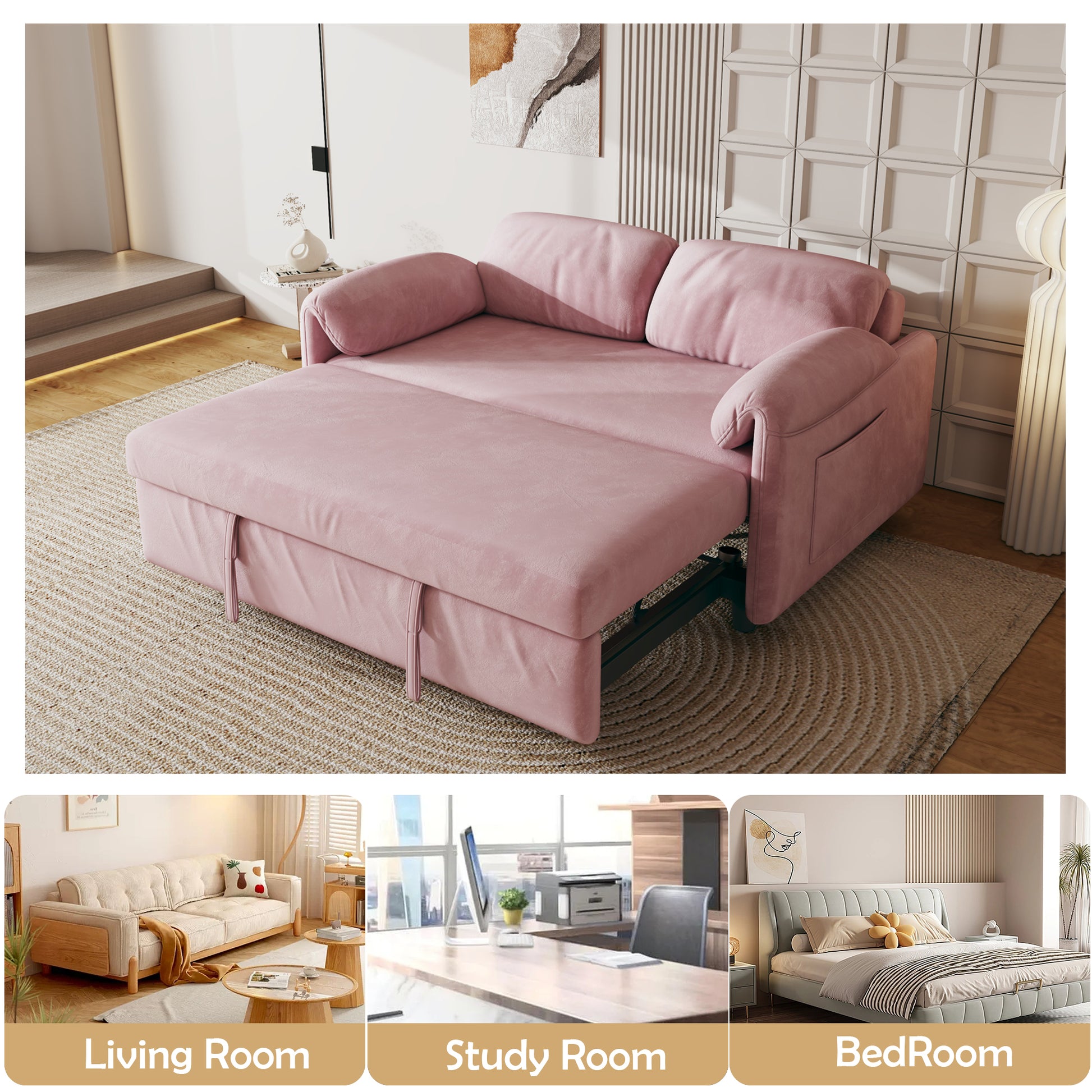 54 Inch Velvet Pink Sofa Sofa Bed Multi Purpose Living Room Retractable Bed Pink Velvet