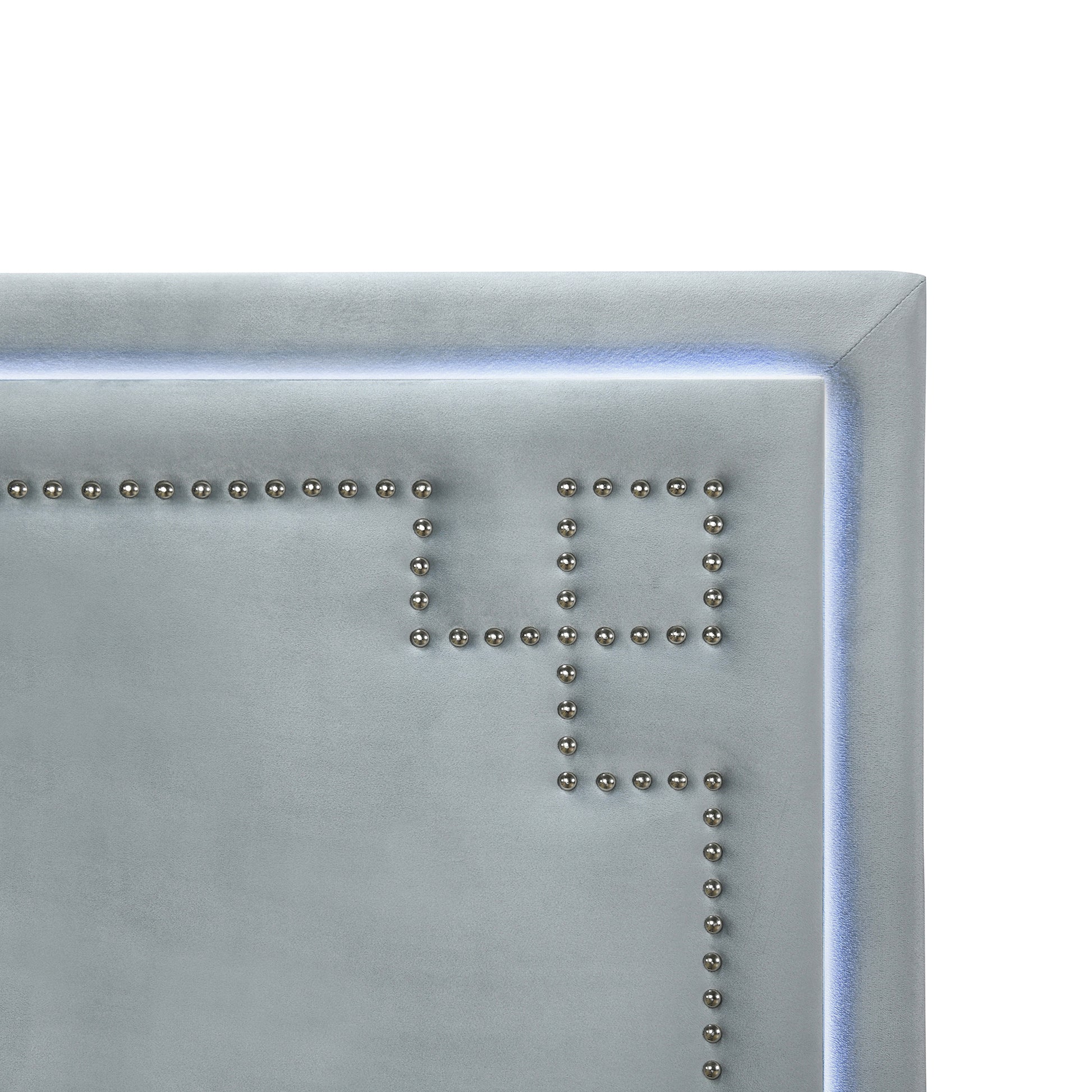 Queen Size Upholstered Platform Bed With Rivet Decorated Headboard, Led Bed Frame And 4 Drawers, Gray Gray Velvet