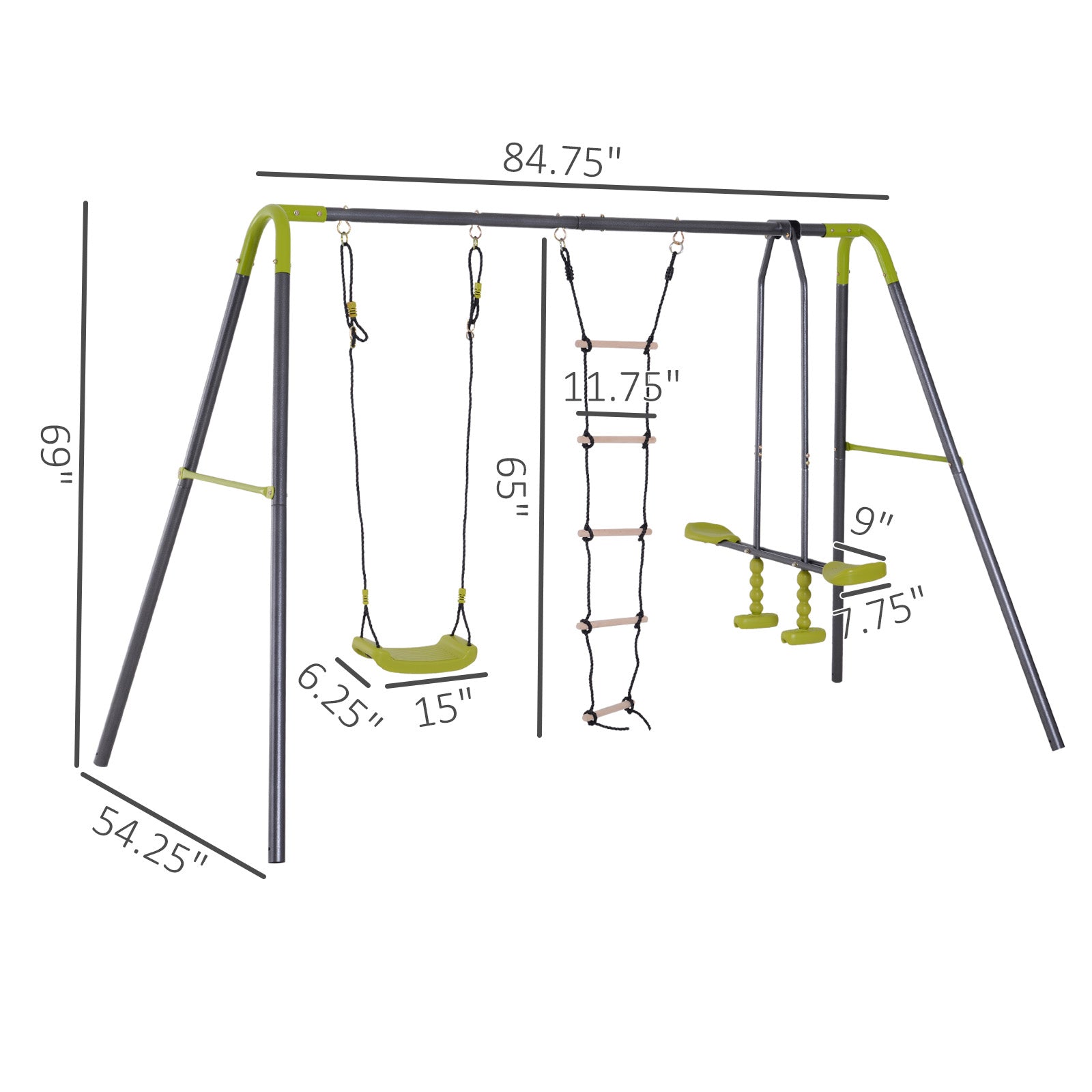 3 In 1 Kids Metal Swing Set For Backyard With Swing Seat, Glider And Climbing Ladder, Heavy Duty Metal Frame For 4 Children Grey Metal