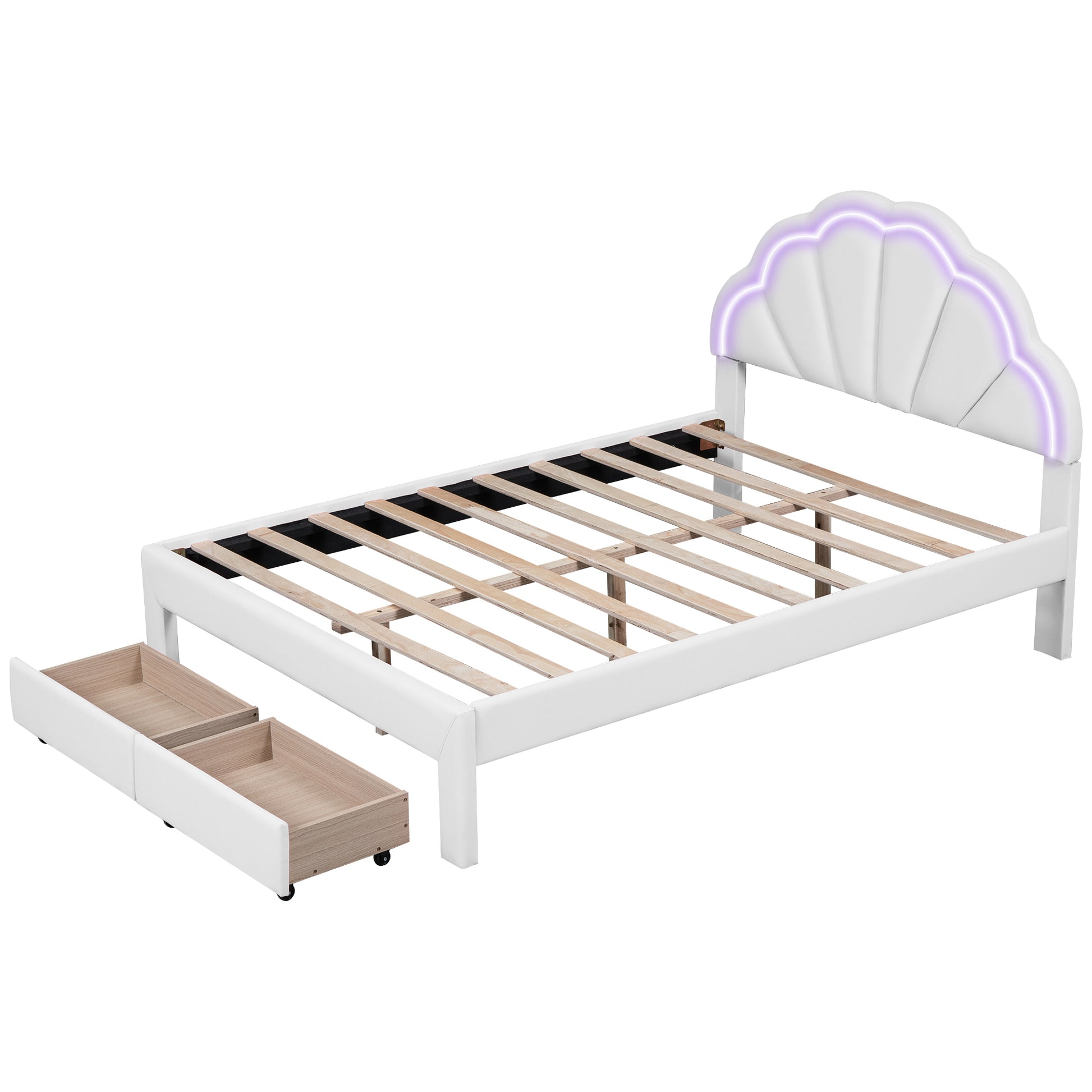 Full Size Upholstered Platform Bed With Seashell Shaped Headboard, Led And 2 Drawers, White Box Spring Not Required Full White Wood Bedroom Bed Frame Faux Leather Upholstered