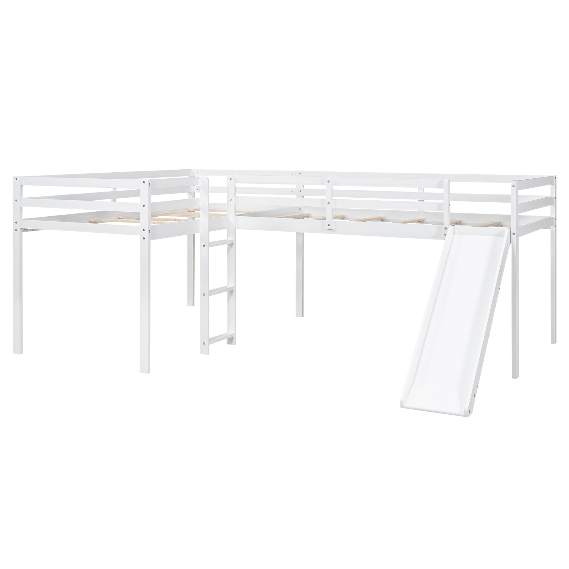 L Shaped Twin Size Loft Bed With Ladder And Slide, White White Solid Wood Mdf
