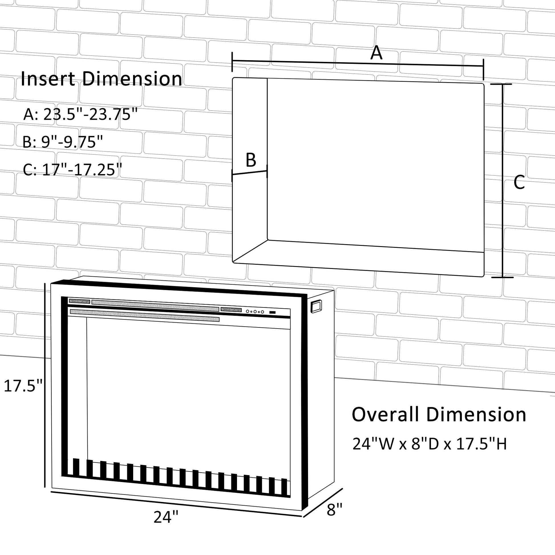 24" Electric Fireplace Insert, Retro Recessed Fireplace Heater With Realistic Flame, Remote Control And Adjustable Brightness, 750 1500W, Black Black Steel