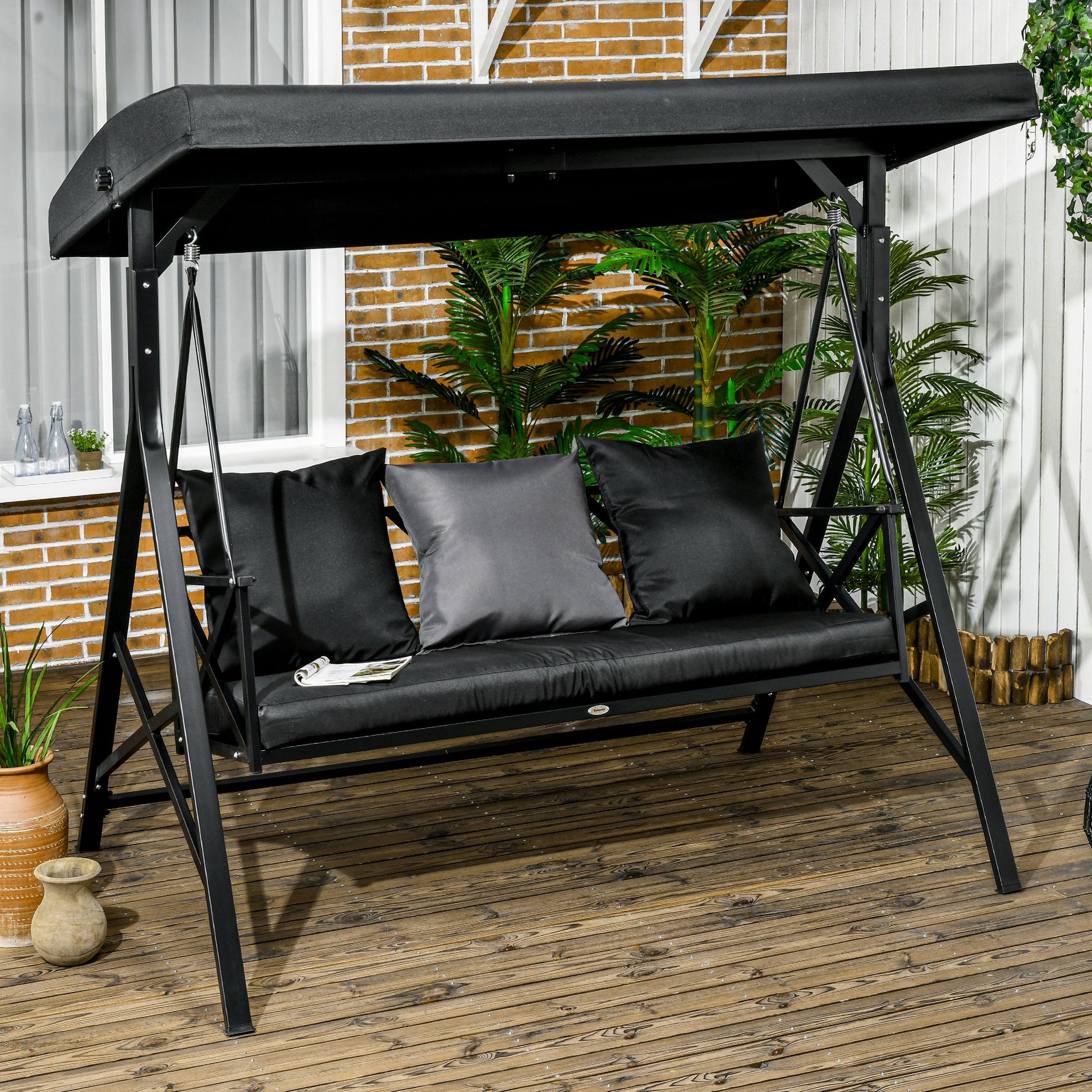 3 Seat Patio Swing Chair, Porch Swing Glider With Cushion, 3 Throw Pillows & Adjustable Canopy For Porch, Garden, Poolside, Backyard, Black Black Steel