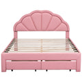 Queen Size Upholstered Platform Bed With Seashell Shaped Headboard, Led And 2 Drawers, Pink Box Spring Not Required Queen Pink Wood Bedroom Bed Frame Faux Leather Upholstered